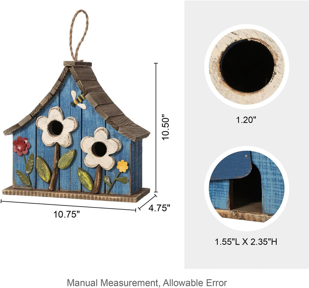 Glitzhome 10.75" L Distressed Solid Wood Hanging Birdhouse with 3D Flowers Rustic Hand-Painted Garden Bird Houses for Outdoors Decorative