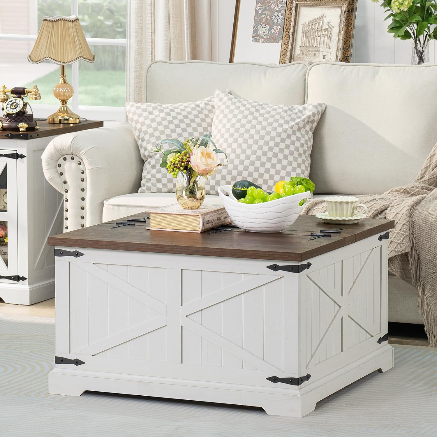 Farmhouse Coffee Table with Large Hidden Storage Compartment, Antique White Square Center Table, Wood Rustic Low Modern Living Room Tables with Hinged Lift Brown Top & Wooden Arc Base