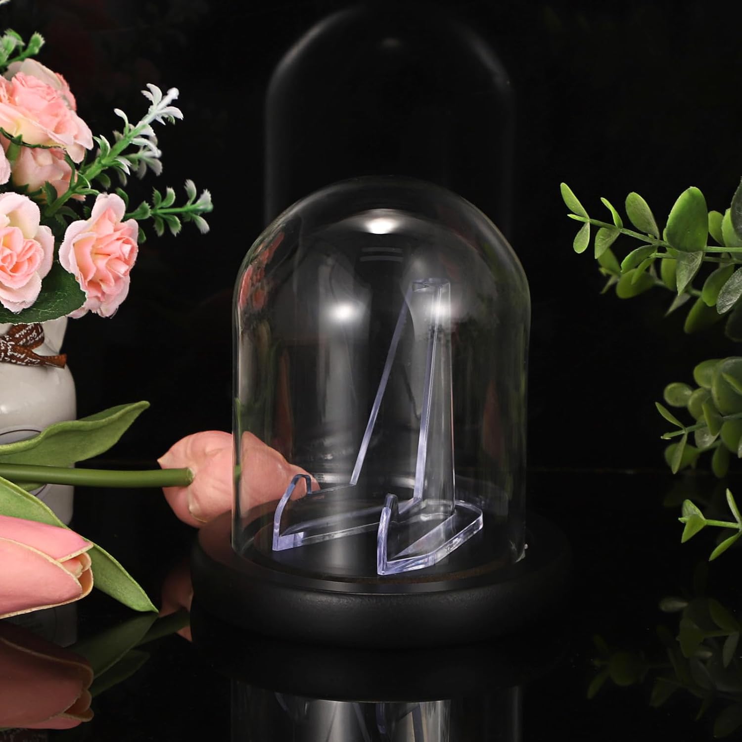 JUXYES Clear Watch Glass Display Dome Cloche with Display Stand, Clear Terrarium Jar Cloche Bell with Wooden Base, Glass Display Dome for Pocket Watches Medals Coins Ornaments