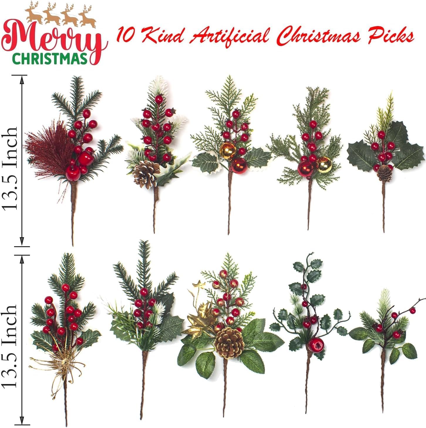10 Set Artificial Pine Picks Christmas Pine Picks Pine Needles Branches with Red Berry Pinecones Berry Branches Fake Berries for Flower Arrangements Wreaths Xmas Tree Decoration