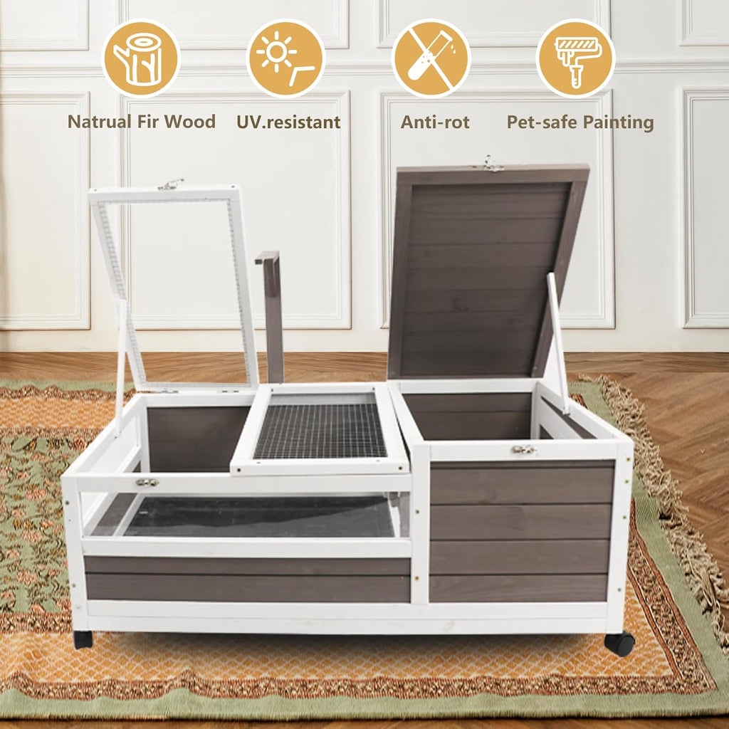 PetsCosset Tortoise Habitat Cage on Wheels with Lamp Stand & Pull-Out Waterproof Tray – Large Wooden Tortoise House, Indoor Outdoor Reptile Enclosure 39''L*23''W*14''H