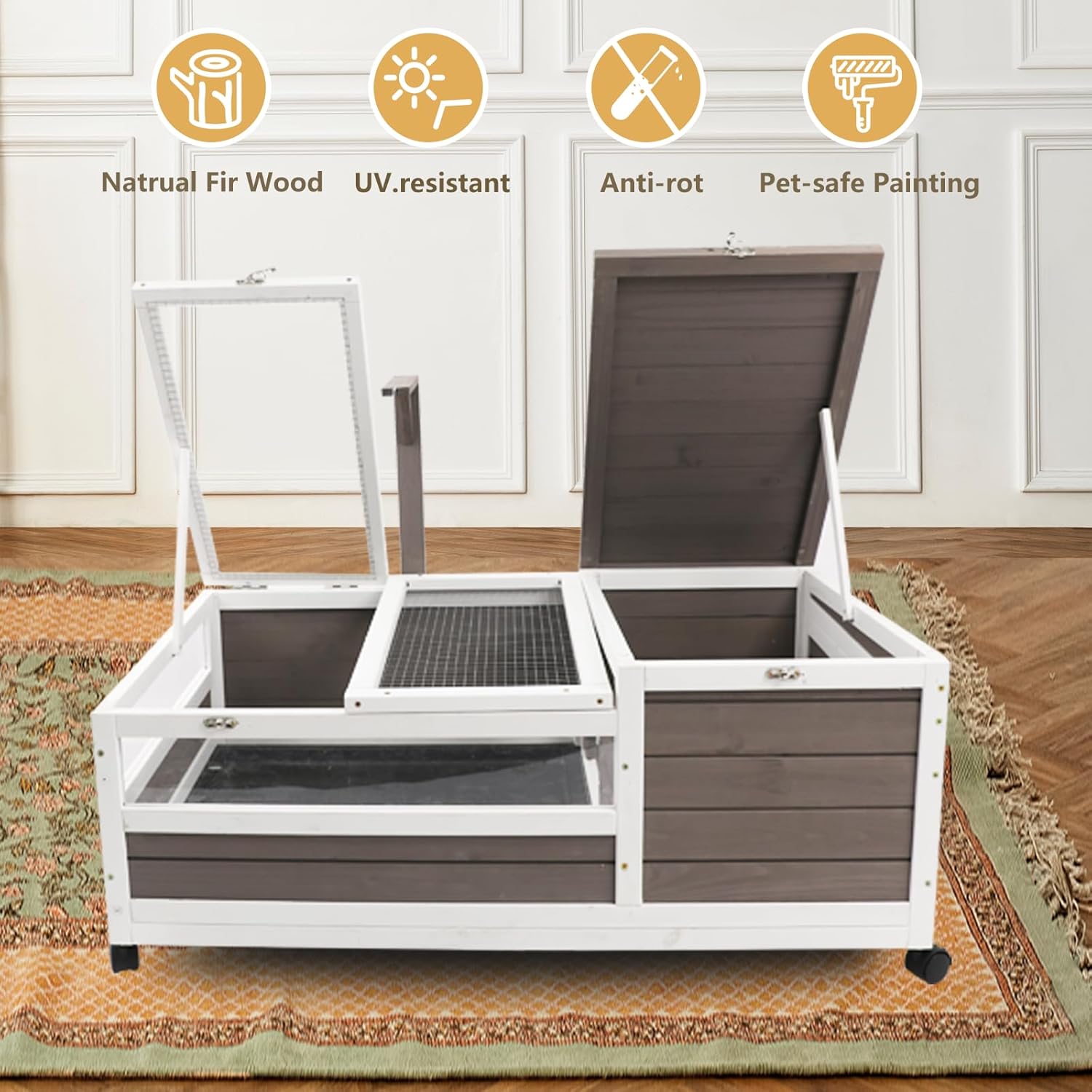 PetsCosset Tortoise Habitat Cage on Wheels with Lamp Stand & Pull-Out Waterproof Tray – Large Wooden Tortoise House, Indoor Outdoor Reptile Enclosure 39''L*23''W*14''H