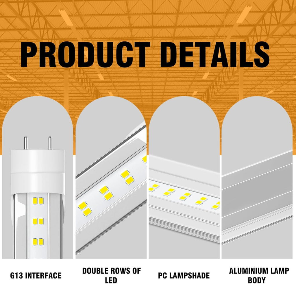T8 Led Bulbs 4 Foot - F32T8 28W 4000 Lumens(Super Bright) 5000K, T8 T10 T12 4ft Flourescent Tube Led Replacement, Ballast Bypass, Type B, Dual-End Powered, Daylight 10 Pack