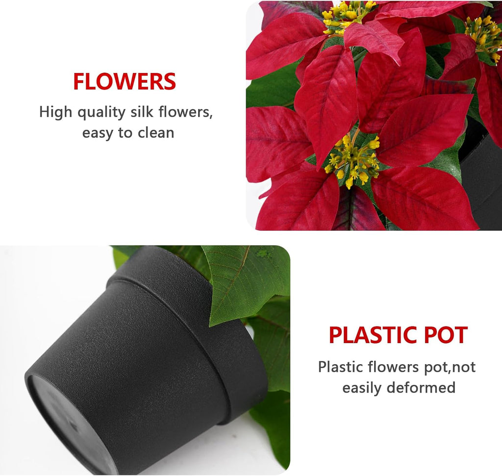 Poinsettias Artificial Christmas Flowers Tabletop Small Red Poinsettia Plant Artificial 9 Inch Faux Winter Flowers for Xmas Ornament Porch Home Garden Decorations(2 Pack)