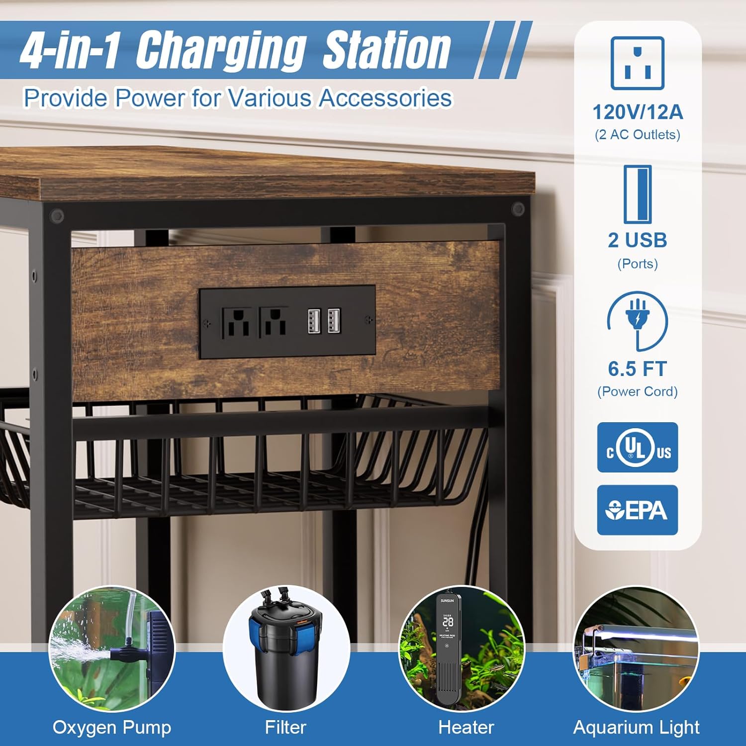 Livofloral 20 Gallon Fish Tank Stand with Power Outlet, Metal Aquarium Stand with Adjustable Shelves and Pull Out Wire Tray, Ample Storage for Fish Tanks Accessories, Reptile Tank Stands, Brown