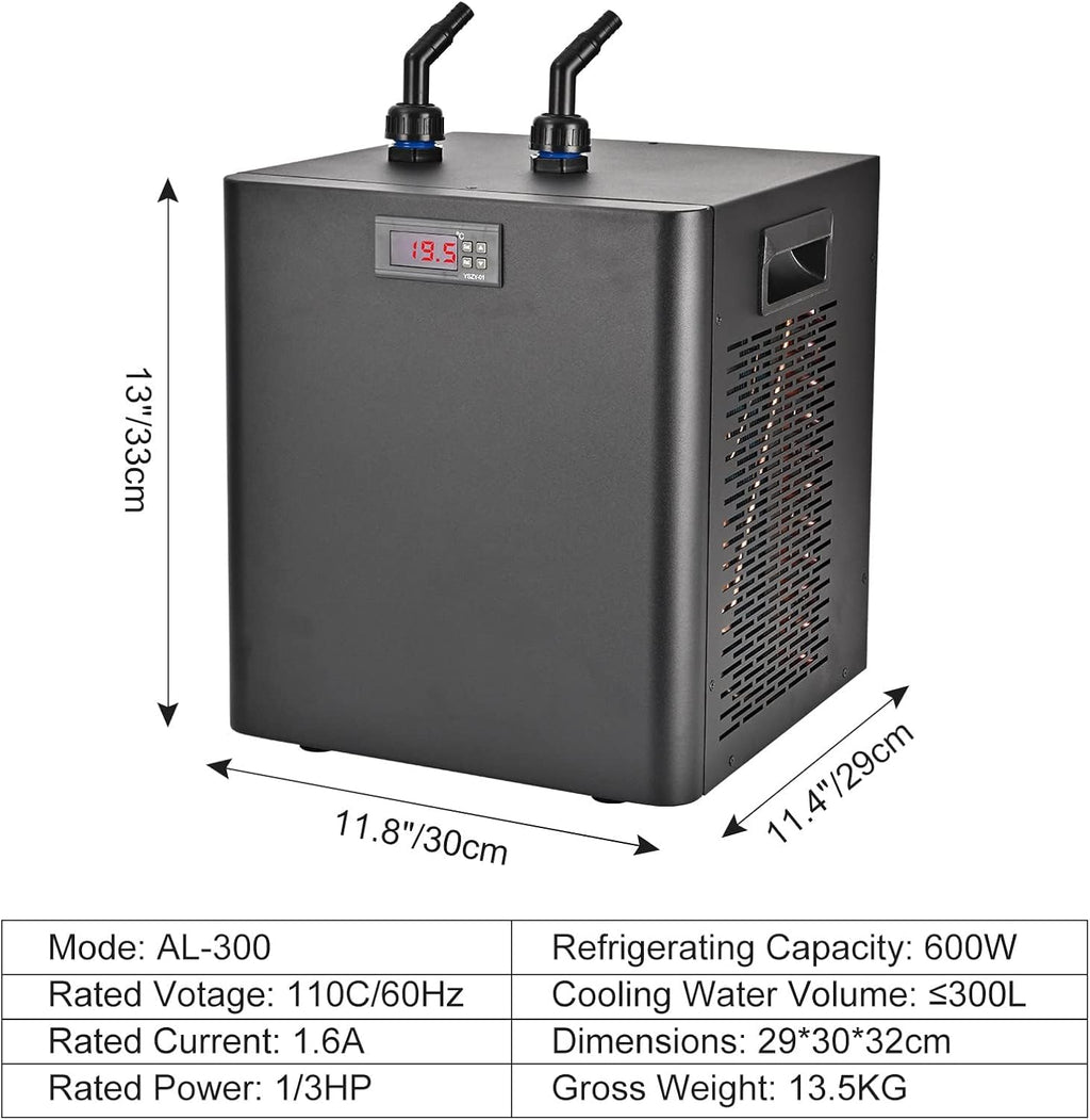 Aquarium Chiller 79 Gal, 1/3 HP Fish Tank Water Chiller 300L Hydroponics Cooler with Quiet Design Refrigeration Compressor and 3M Pipe for Saltwater Freshwater Fish Coral Shrimp Jellyfish Water Weeds