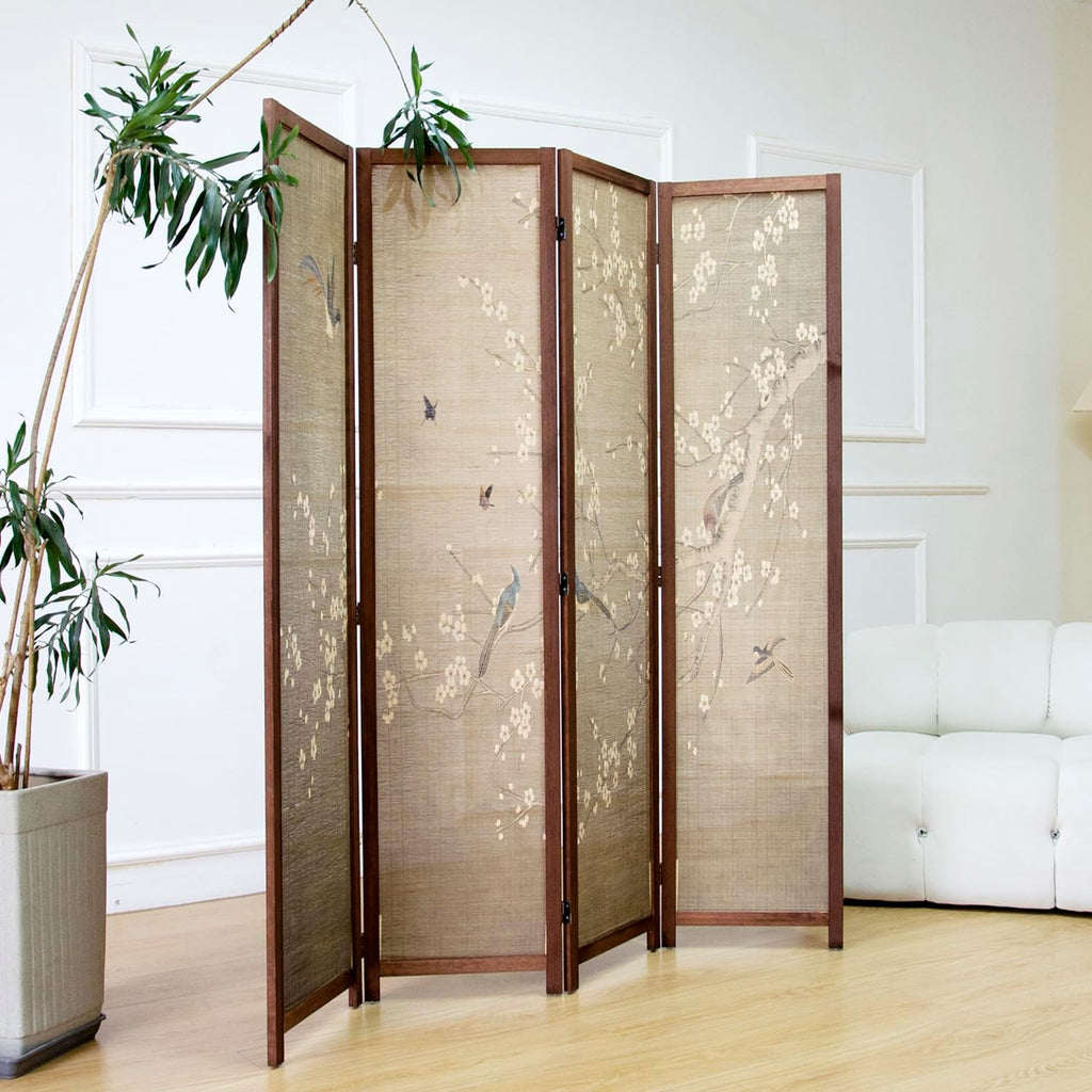 4 Panel Room Divider Screen and Folding Panel Screen,Double Sided Bamboo Divider for Room Separation,White Plum and Birds,67" H x 63" W,67" H x 63" W