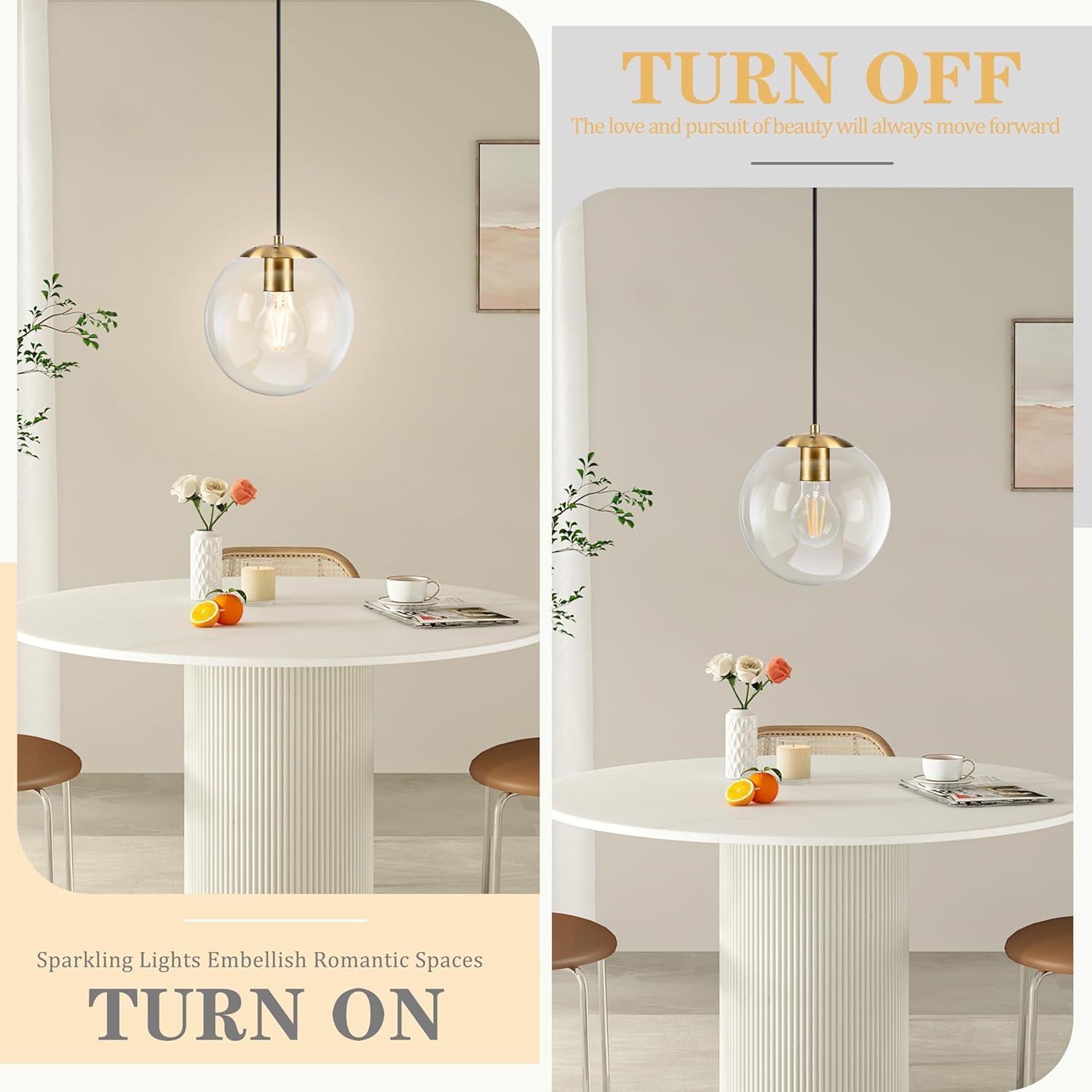KoKo&Yukina 8" Globe Pendant Light Gold Plug in Pendant Light Adjustable Hanging Lights with Plug in Cord Brushed Gold Finished with Clear Glass Lampshade for Bedroom Kitchen Island（Bulb Included）