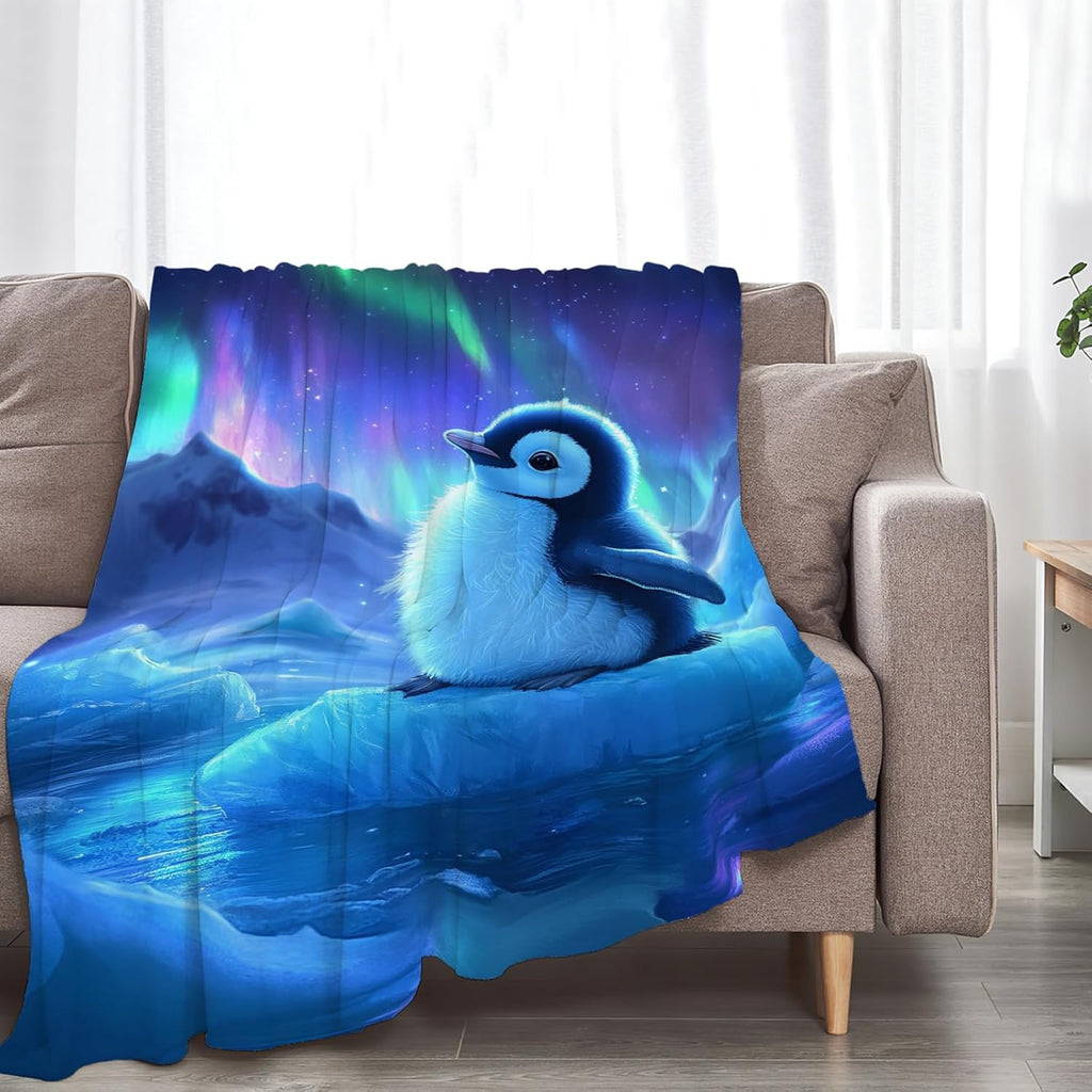 Cute Penguin Blanket Aurora Starry Night Animal Throw Blankets Gifts for Girls Boys Kids Penguin Lover Soft Cozy Fleece Plush for Couch Sofa Bed 80"x60"