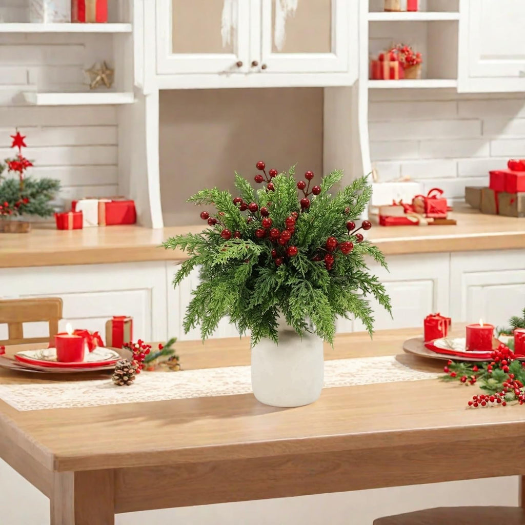 50 PCS Christmas Artificial Pine Picks with Red Berry Stems, 13" Faux Evergreen Norfolk Pine Cypress Branches, Fake Cedar Pine Needles Branches for DIY Craft Vase Garland Decoration