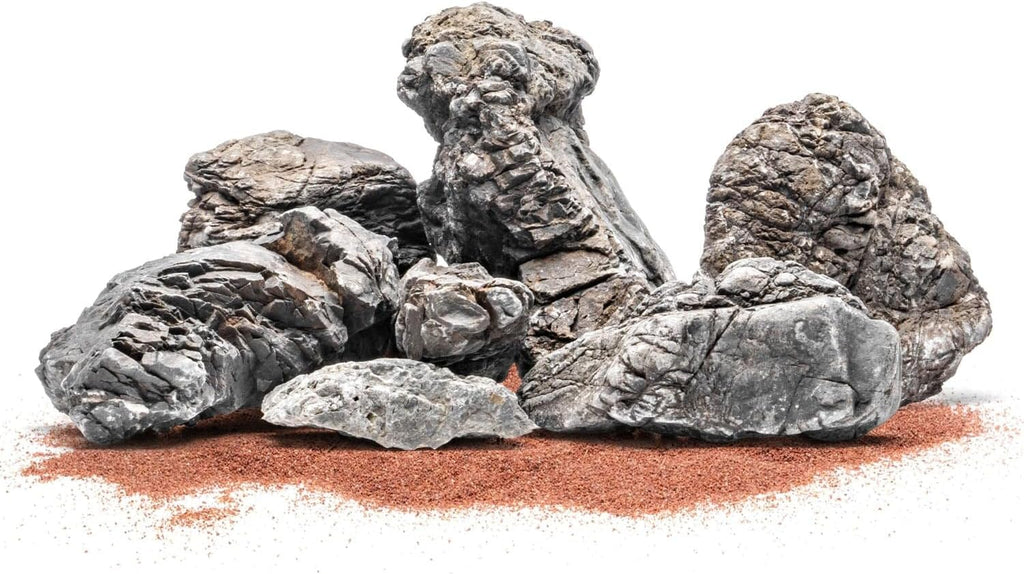 SubstrateSource Natural Aquarium Stones - Neutral Gray with Cream & Brown Accents, Weathered Layered Aquascaping Rocks for Canyon Builds, Betta Fish Tank, Cichlids & Reptile Enclosure - Rhino, 20 LB