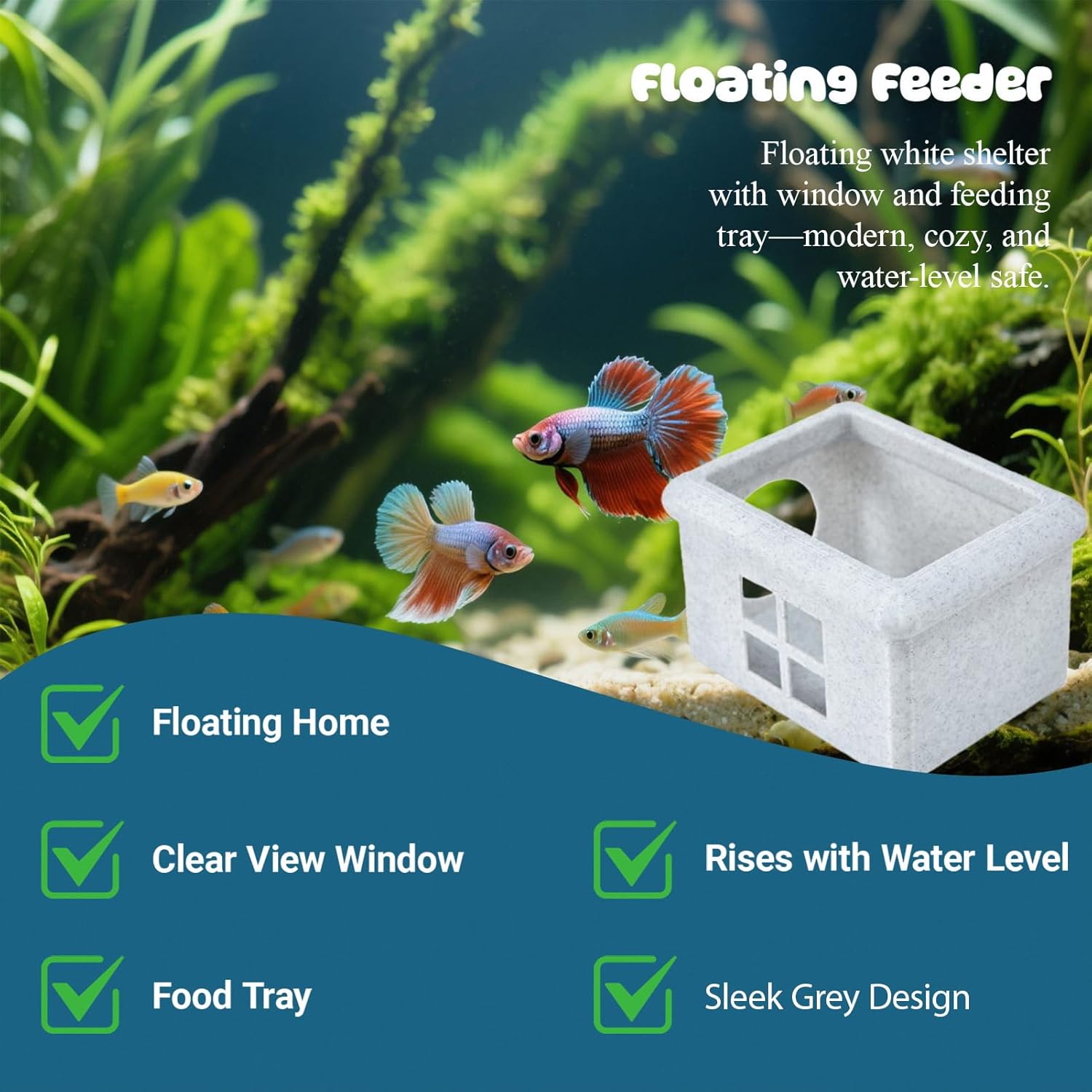 Marble Gray Floating Betta Fish Hideout with Window – 3D Breeding Box & Resting Cave – Floating Betta Hammock, Feeding Platform & Fish Tank Accessories for Nano Aquariums, Bowls & Small Tanks