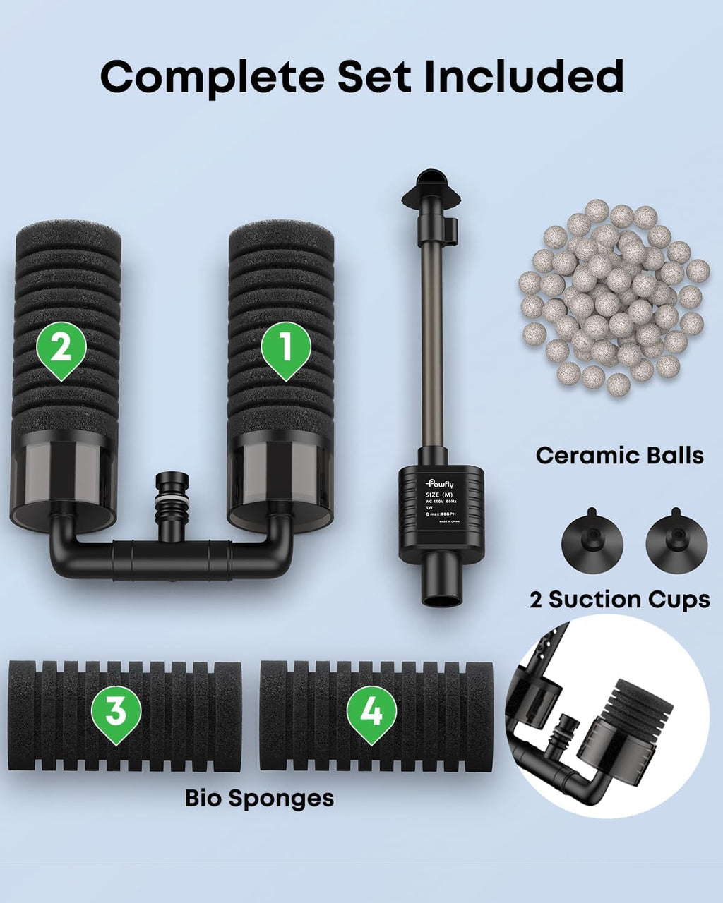 Pawfly Aquarium Sponge Filter, 5 W Submersible Small Aquarium Filter, 80 GPH Fish Tank Filter with Water Pump, Ceramic Balls & Double Foams, Quiet Bio Sponge Filter for 15-55 Gallon Tanks