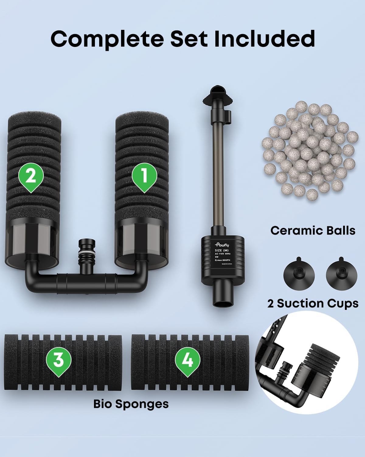 Pawfly Aquarium Sponge Filter, 5 W Submersible Small Aquarium Filter, 80 GPH Fish Tank Filter with Water Pump, Ceramic Balls & Double Foams, Quiet Bio Sponge Filter for 15-55 Gallon Tanks