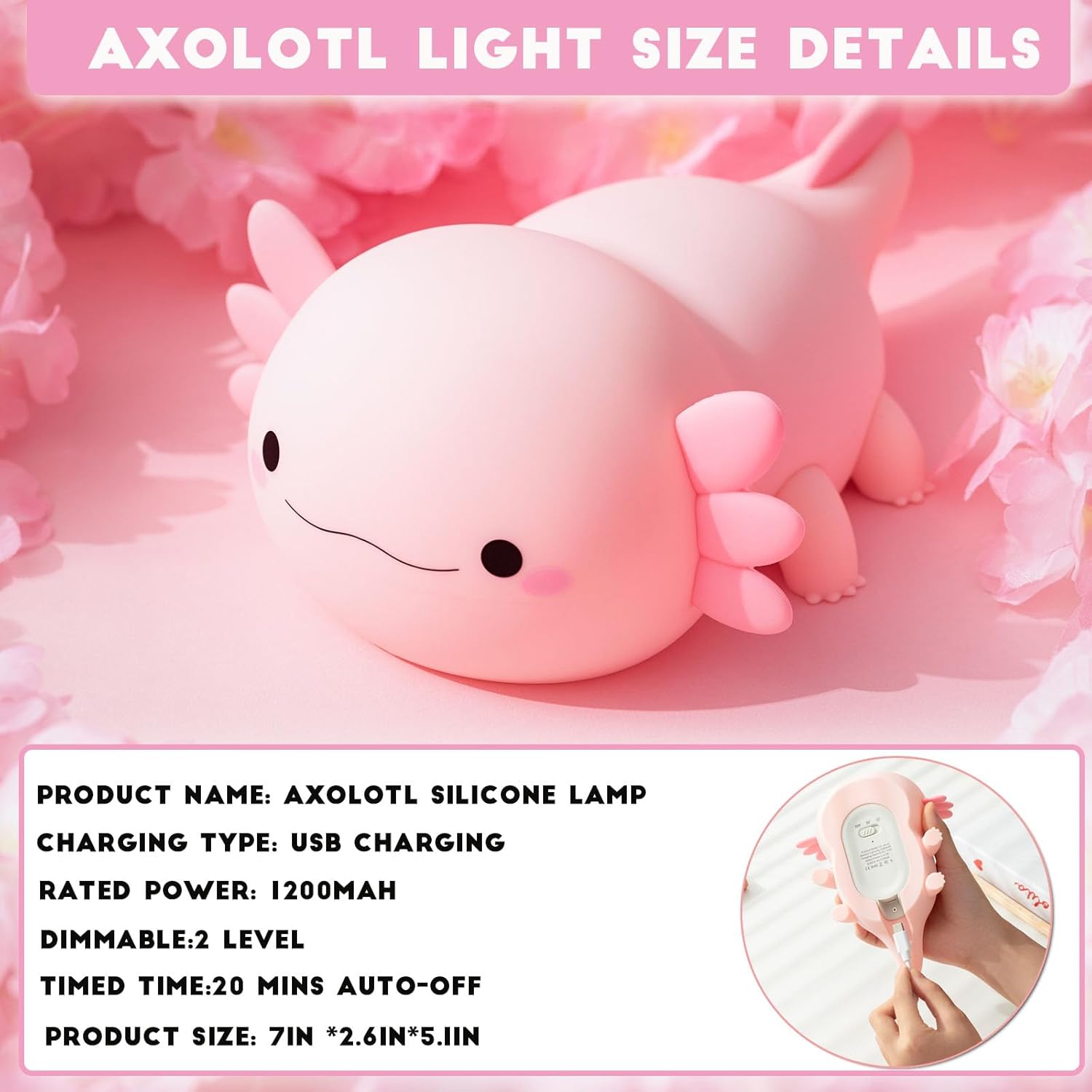 HAPPYBAG Axolotl Night Light,Cute Axolotl lamp Gifts for Kids,Dimmable Silicone Animal Nursery Night Light,Kawaii Rechargeable Bedside Touch Lamp,Room Decor Axolotl Light
