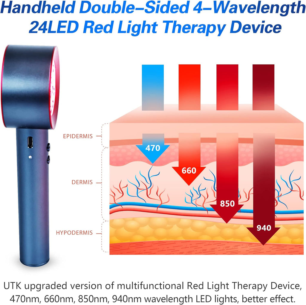 UTK Upgrade High Power 24 LED Red Light Therapy Device with 470/660/850/940nm Wavelength, Blue Red＆Near-Infrared Handheld Light Therapy, Relieve Body Pain Deeply, Facial Skin Care