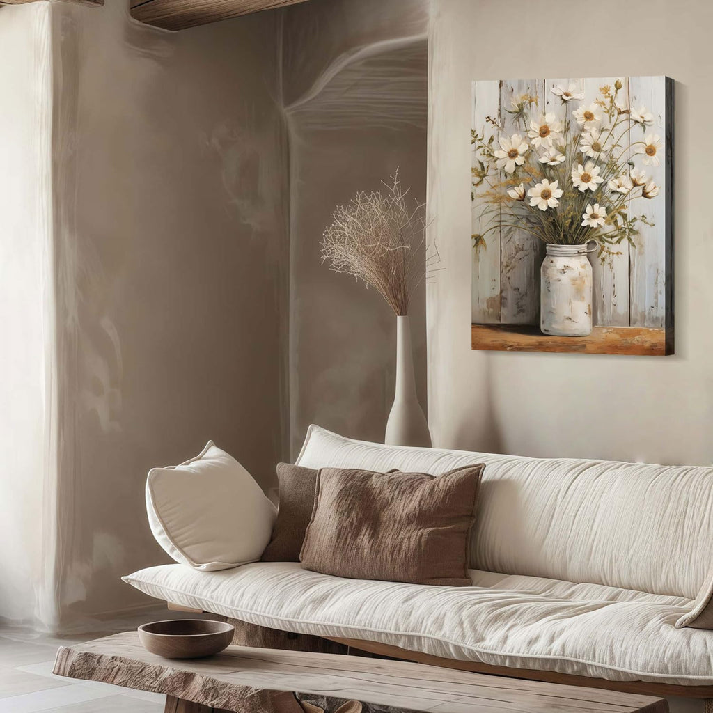 Framed Daisy Jar Vintage Flowers Wall Art Decor Canvas Print Country Poster Gallery Picture Country Plants Farmhouse Art Painting Kitchen Bathroom Living Room Decor 16x24 Inch Ready to Hang