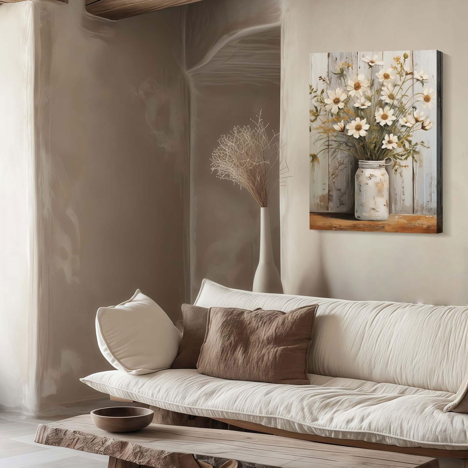 Framed Daisy Jar Vintage Flowers Wall Art Decor Canvas Print Country Poster Gallery Picture Country Plants Farmhouse Art Painting Kitchen Bathroom Living Room Decor 12x16 Inch Ready to Hang