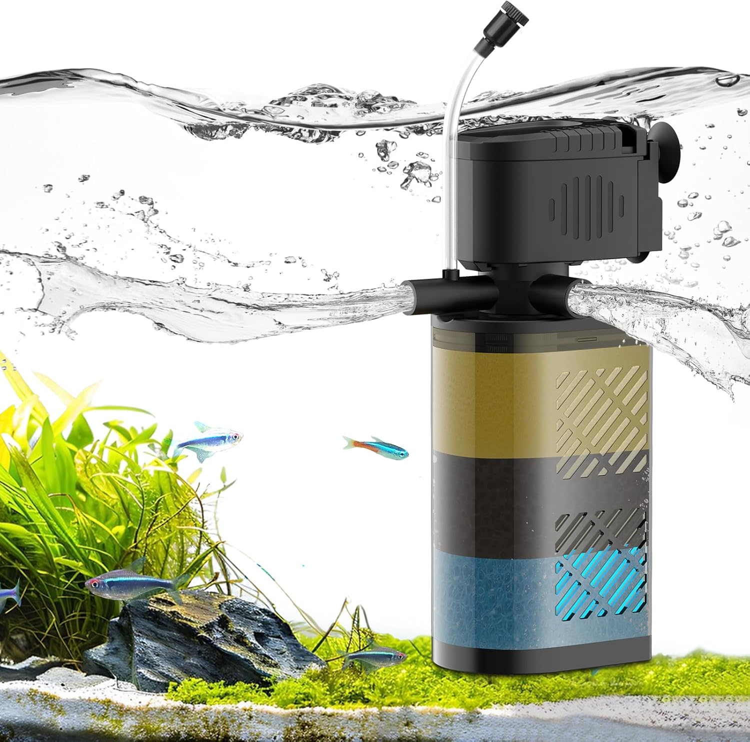 Aquarium Filter for 20-60 Gallon Tanks, Internal Fish Tank Filter, Powerful Submersible Pumps Fish Filter, Turtle Tank Filter, with Dual Water Outlet & Aeration