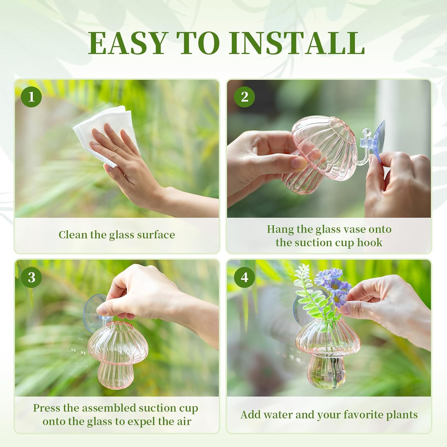 Glasseam Window Propagation Stations, 4Pcs Colored Mushroom Propagation Vases with Suckion Cups, Glass Wall Hanging Planter Terrariums for Flowers, Cute Indoor Small Plant Holder Gifts for Women