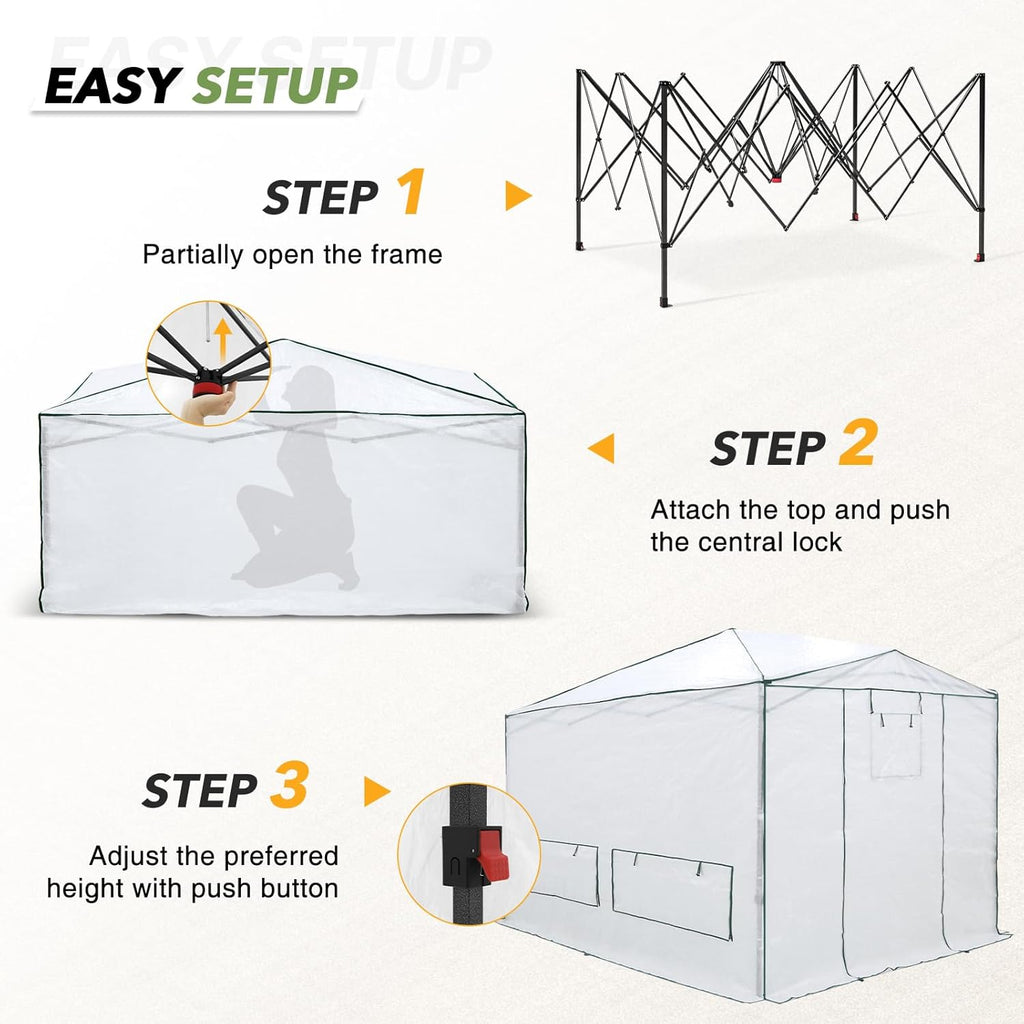 EAGLE PEAK Instant Pop-up Greenhouse, Indoor Outdoor Plant Gardening Green House, Roll-Up Zipper Doors and Side Windows & Winter Support Pole, Heavy Duty Walk in 12x8 ft, Woven PE Cover, White