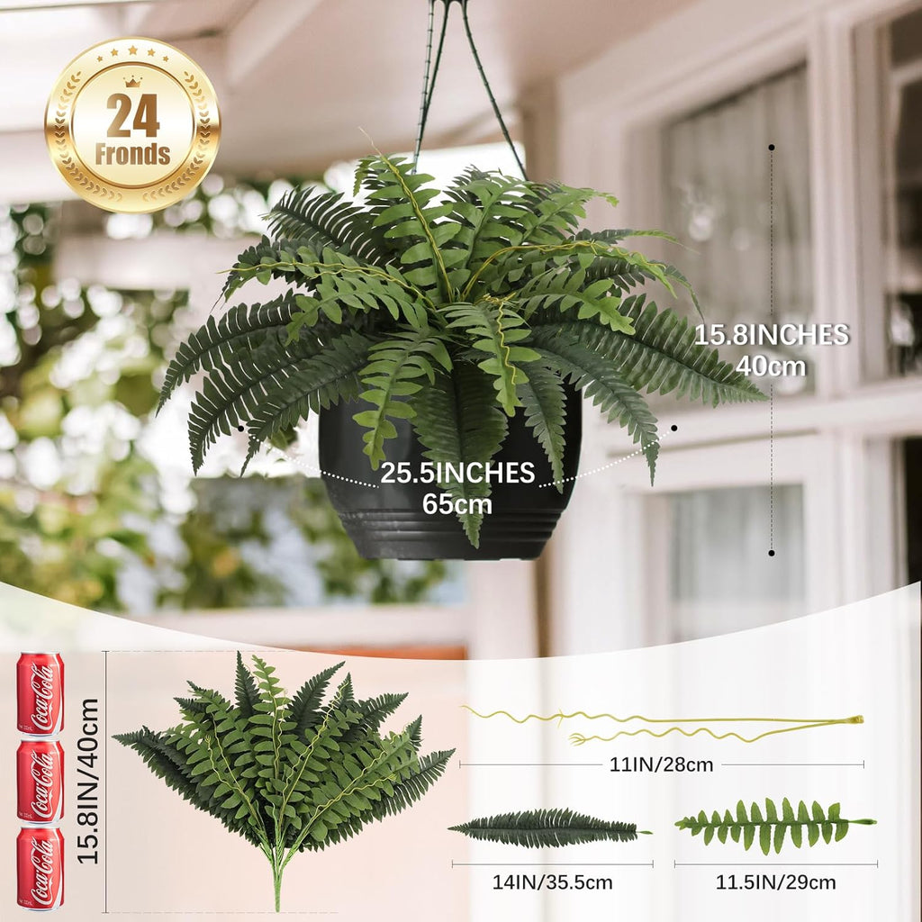 JUSTOYOU 25" Realistic Artificial Boston Fern Bush, 1 Pc with 24 Fronds Faux Fake Ferns UV Resistant Plants for Living Room, Garden, Porch and Front Door Decor
