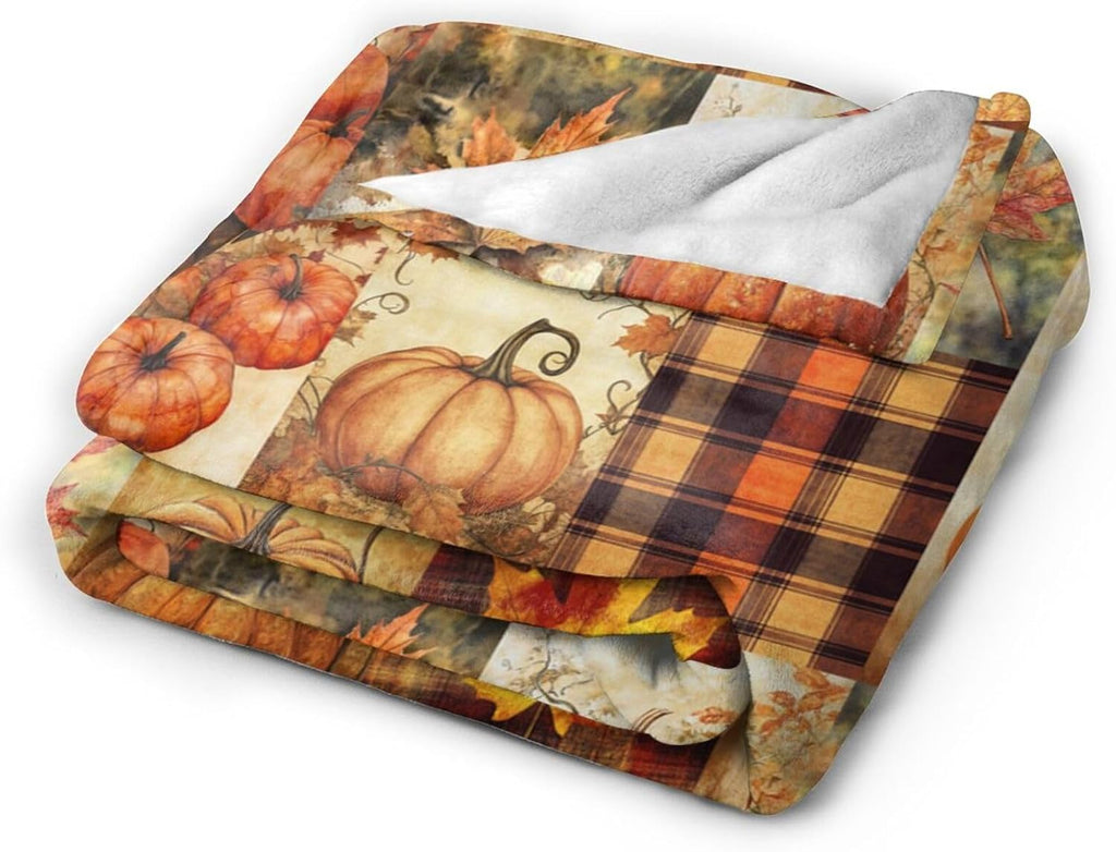 Fall Pumpkin Blanket Autumn Maple Leaf Throw Blanket Plaid Thanksgiving Orange Flannel Stuff Merch Cozy Decor Fleece Soft Plush Fuzzy Warm Lightweight Bedding Gifts for Women Girls Couch 60"X50"