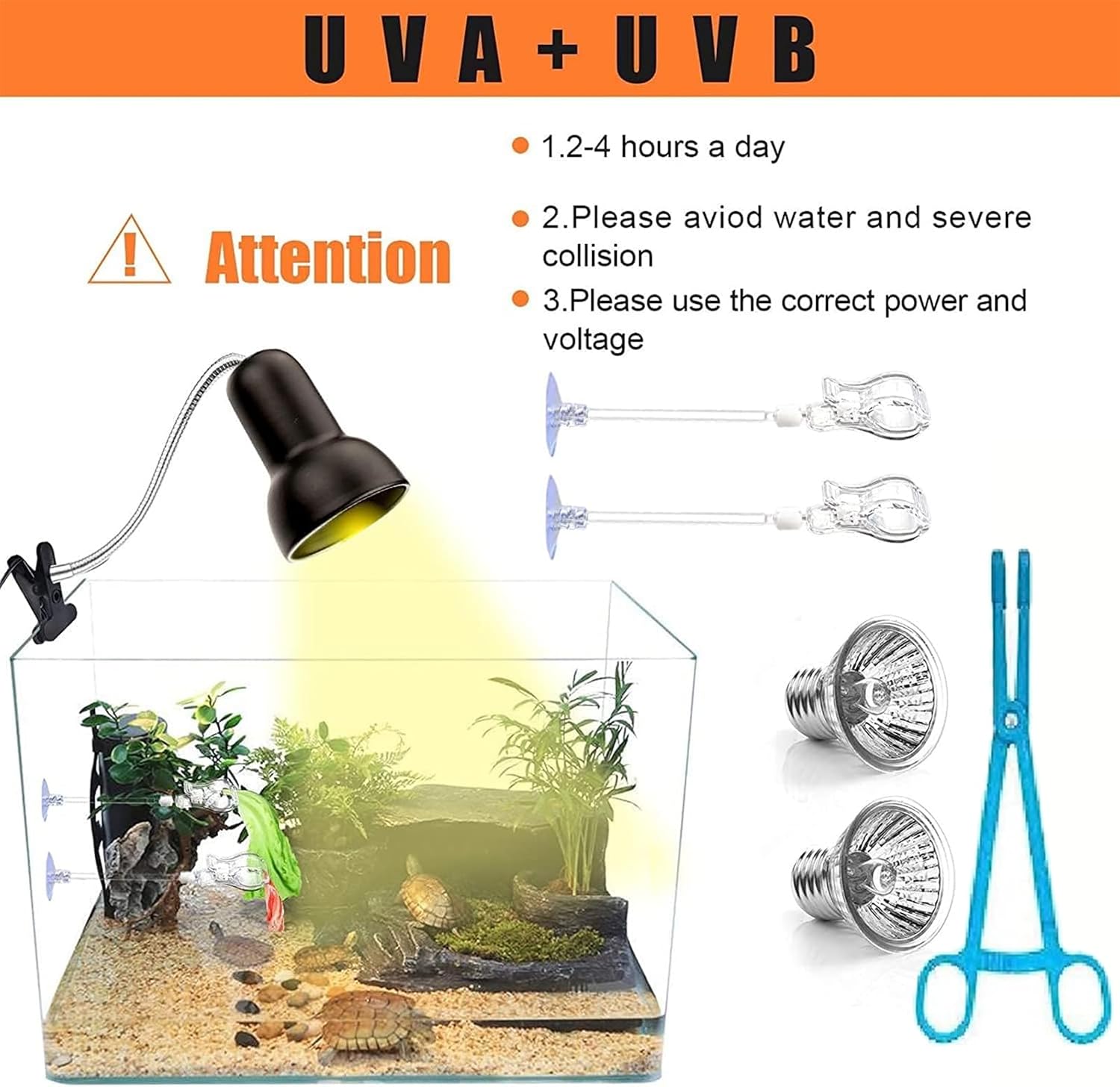 Reptile Heat Lamp Light, UVA UVB Reptile Light, Reptile Turtle Heating Lamps for Turtles Tortoise Lizards Snake Bird or Chick one Terrarium lamp Light +Two 25W Bulb+2 Clip+1tweezer