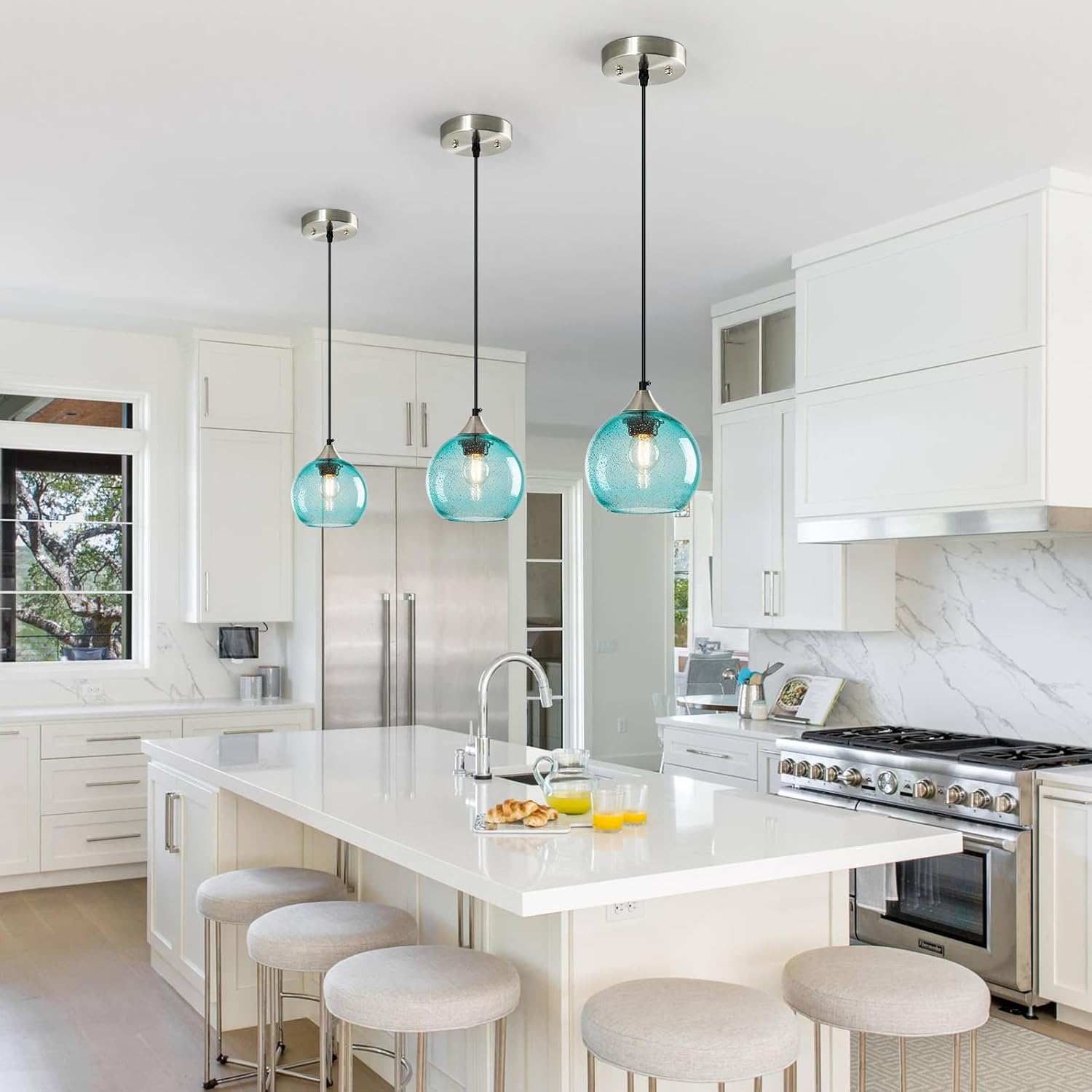 Light Blue Glass Pendant Lights Kitchen Island Globe Pendant Light Fixtures Modern Pendant Lighting for Bedroom Living Dining Room Light Fixture (5.9 in, 2 Pack)