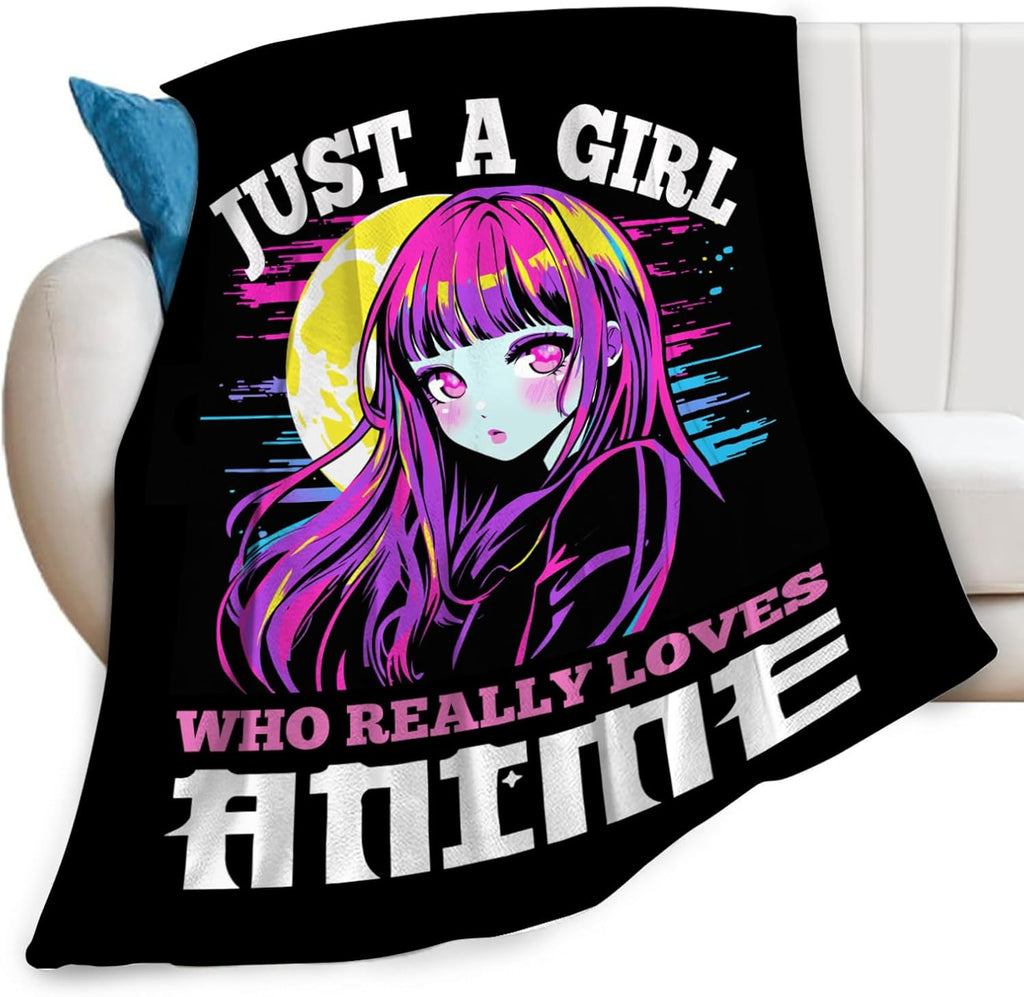 Just A Girl Who Loves Anime Throw Blanket Anime Print Throw Blankets Gifts for Couch Sofa Bed Stuff Decor Soft Cozy Fleece Plush Warm Flannel Bedding for Lover 60"x80"