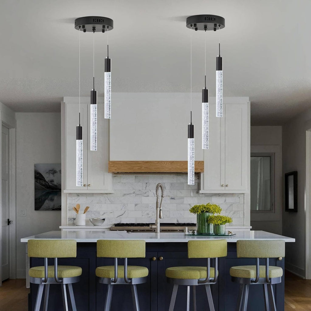 Modern Crystal Chandelier 3-Lights, Spiral LED Raindrop Kitchen Island Pendant Lighting, Bubble Foyer Dinimg Room Hanging Light Fixture Remote Control Black