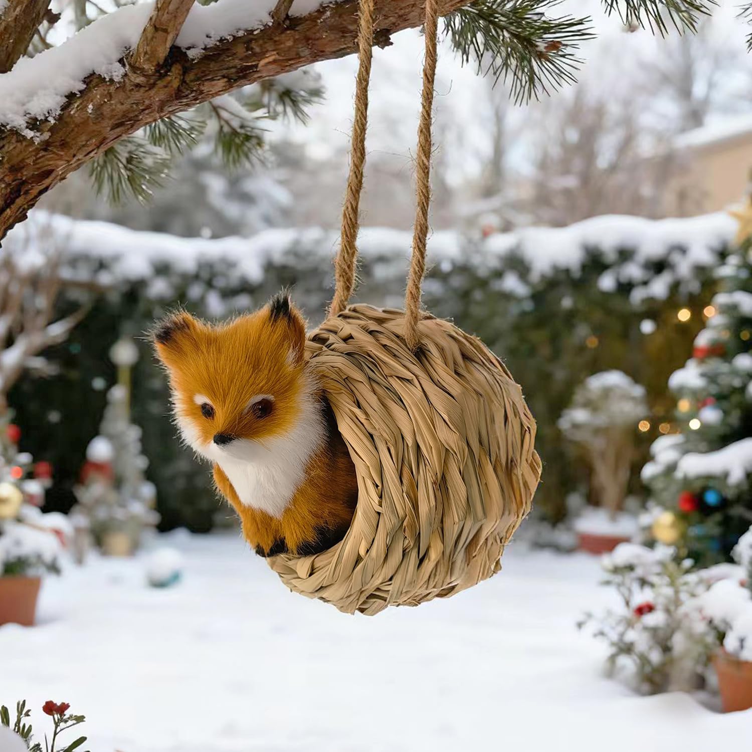 3D Forest Animals Ornaments for Christmas Tree Woodland Furry Animal Ornament Handmade Bird Nest with Plush Animals for Xmas Tree Faux Fur Animal Hanging Decoration Home (4inch Nest & Fox)