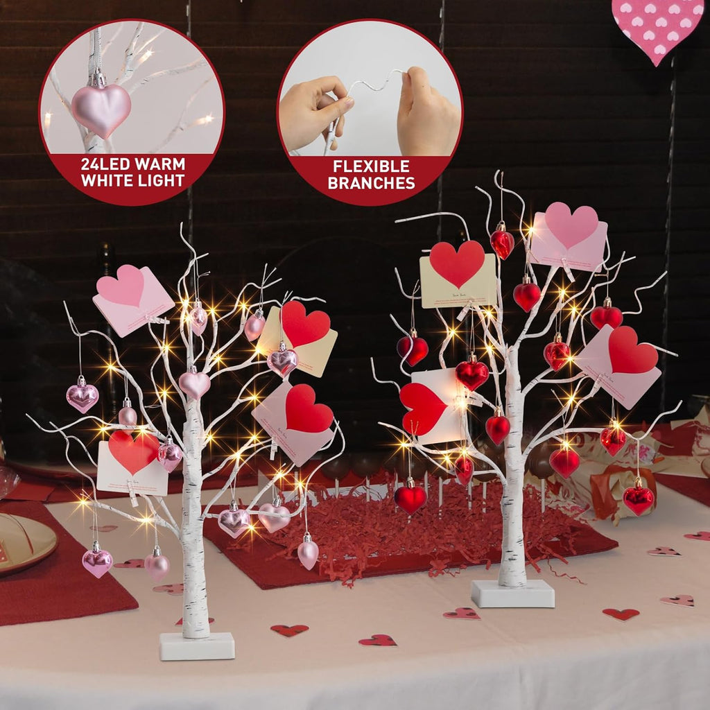 PEIDUO Valentine's Day Decorations, Set of 2 Gift Card Tree with 24 Hanging Heart Ornaments, for Home Indoor Bedroom Anniversary Wedding Party Decor, 6H/18H Timer