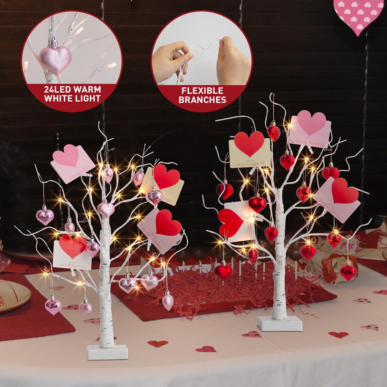 PEIDUO Valentine's Day Decorations, Set of 2 Gift Card Tree with 24 Hanging Heart Ornaments, for Home Indoor Bedroom Anniversary Wedding Party Decor, 6H/18H Timer