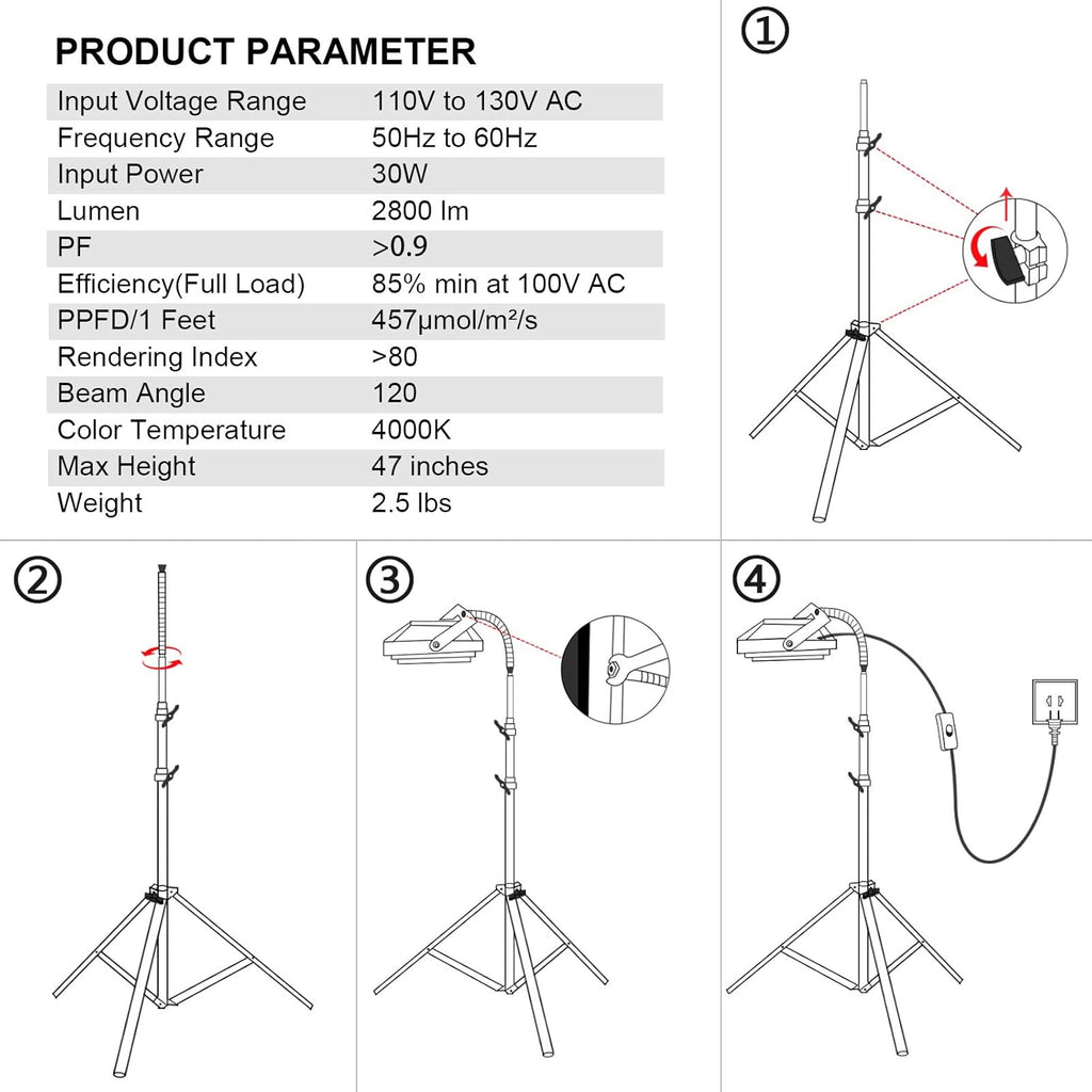 LBW Grow Light with Stand, Full Spectrum LED Floor Plant Light for Indoor Plants, Grow Lamp with On/Off Switch, Adjustable Tripod Stand 15-48 inches