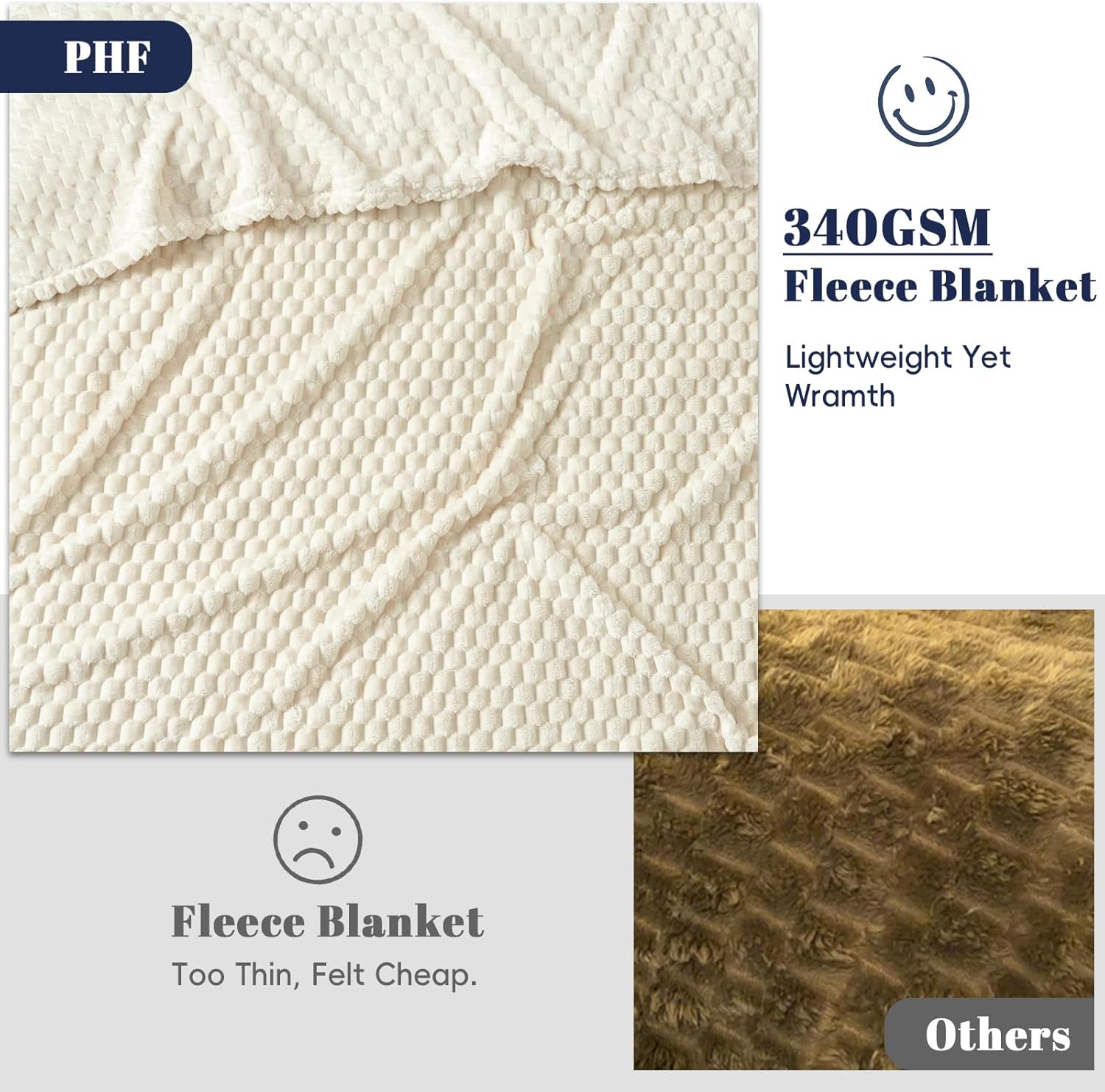 PHF Ultra Soft Flannel Fleece Blanket King Size, Lightweight 3D Jacquard Fleece Blanket, No Shedding, No Pilling, Luxury 340GSM Aesthetic Fluffy Cozy for Bed Room Decor, 108"x90", Cream