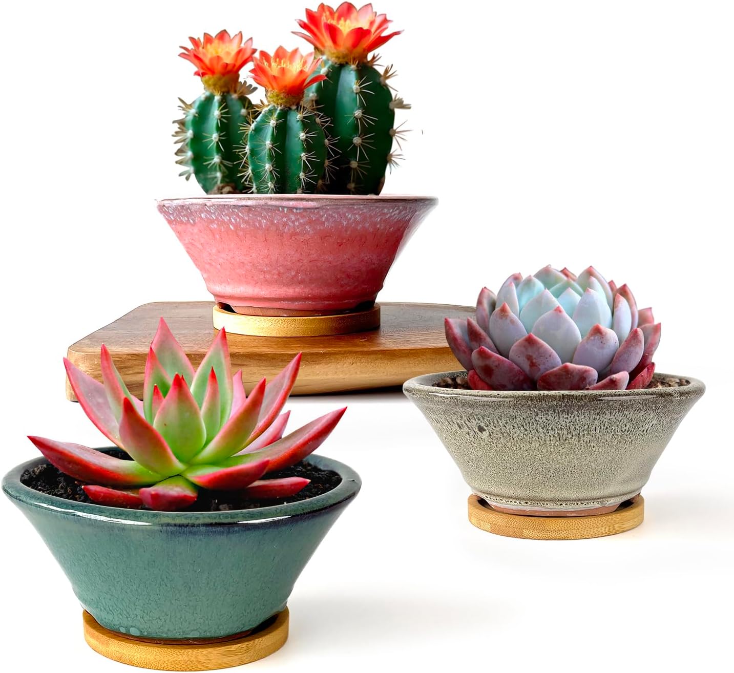 6 Inch Glazed Terracotta Succulent Pot Planter Small Plant Pot with Drainage Hole and Bamboo Saucer Cactus Ceramic Pot Set of 3 (Light Green Pink White)