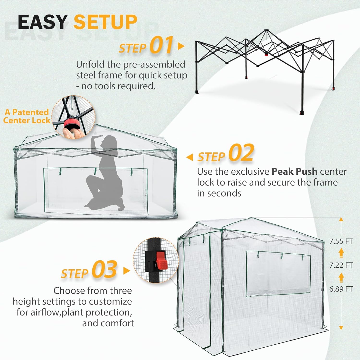 EAGLE PEAK Instant Pop-up Greenhouse, Indoor Outdoor Plant Gardening Green House, Roll-Up Zipper Doors and Side Windows, Walk in 8x6 ft, White/Clear