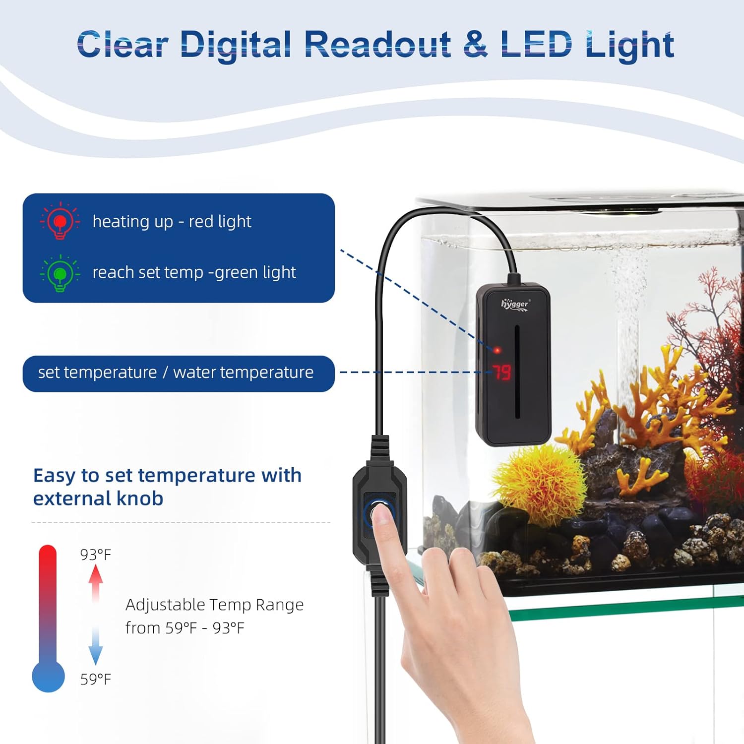 hygger Small Submersible Aquarium Heater 100W Mini Betta Fish Tank Heater with LED Display Adjustable Temperature for 10-20 Gallon Freshwater Saltwater Coral Reef Tanks