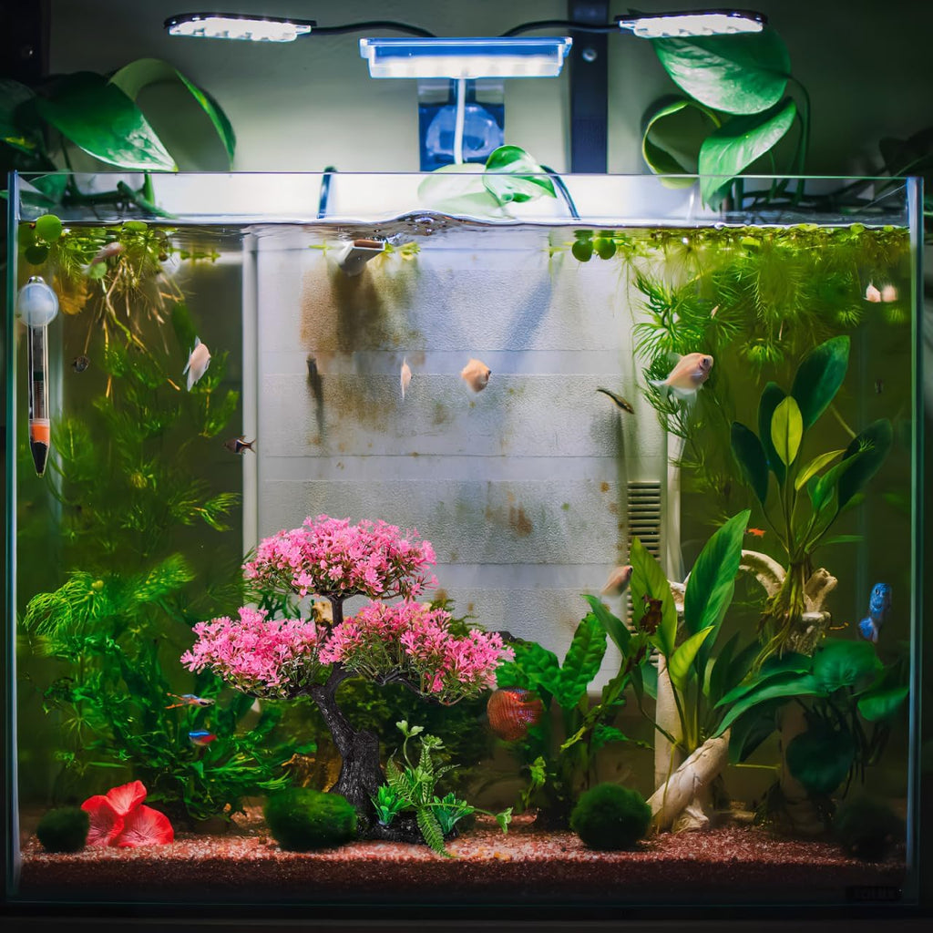 Garneck Aquarium Artificial Plants Pink Cherry Blossom Tree Grass Set Fish Decorations for Tank Accessories Home Office Fish Tank Aquarium Decorations