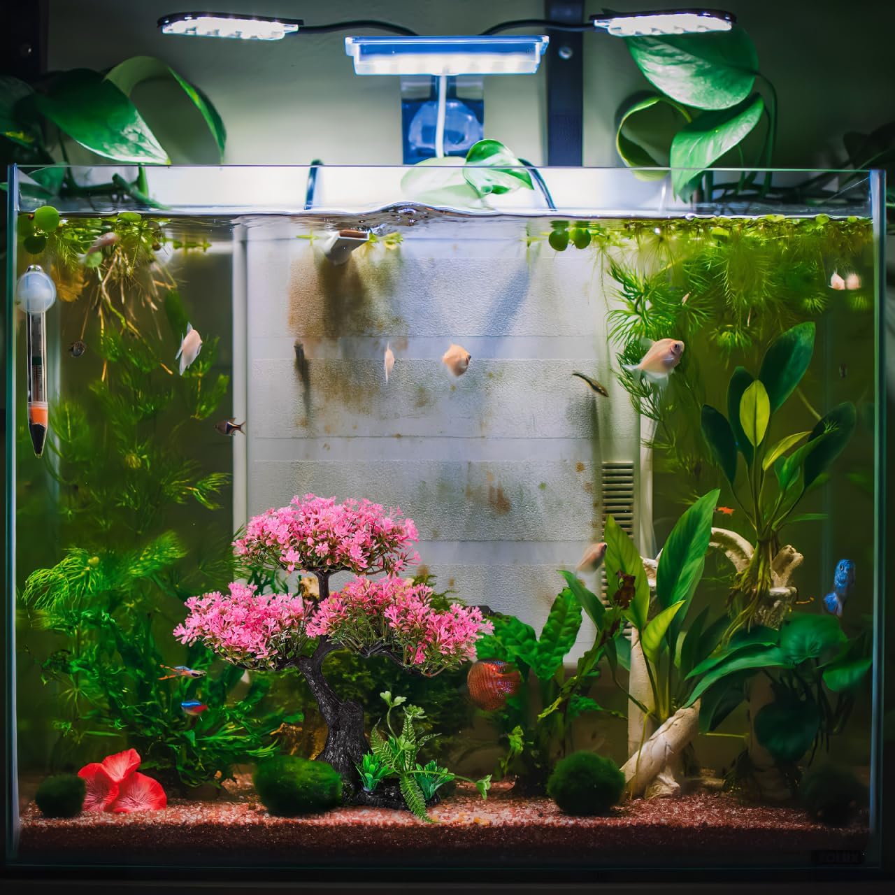 Garneck Aquarium Artificial Plants Pink Cherry Blossom Tree Grass Set Fish Decorations for Tank Accessories Home Office Fish Tank Aquarium Decorations