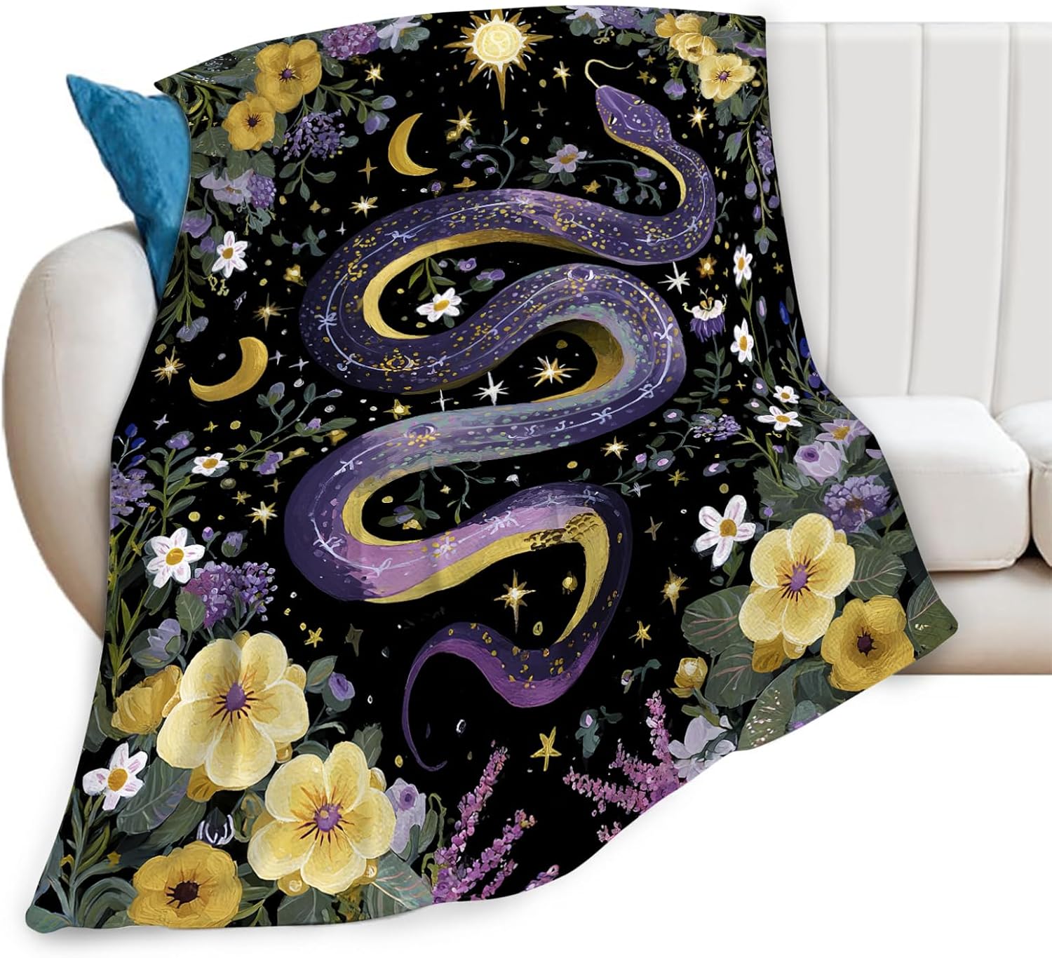 Purple Snake Blanket Fantasy Floral Reptiles Throw Blankets Gifts for Girls Boys Kids Snake Lover Soft Cozy Fleece Plush for Couch Sofa Bed 80"x60"