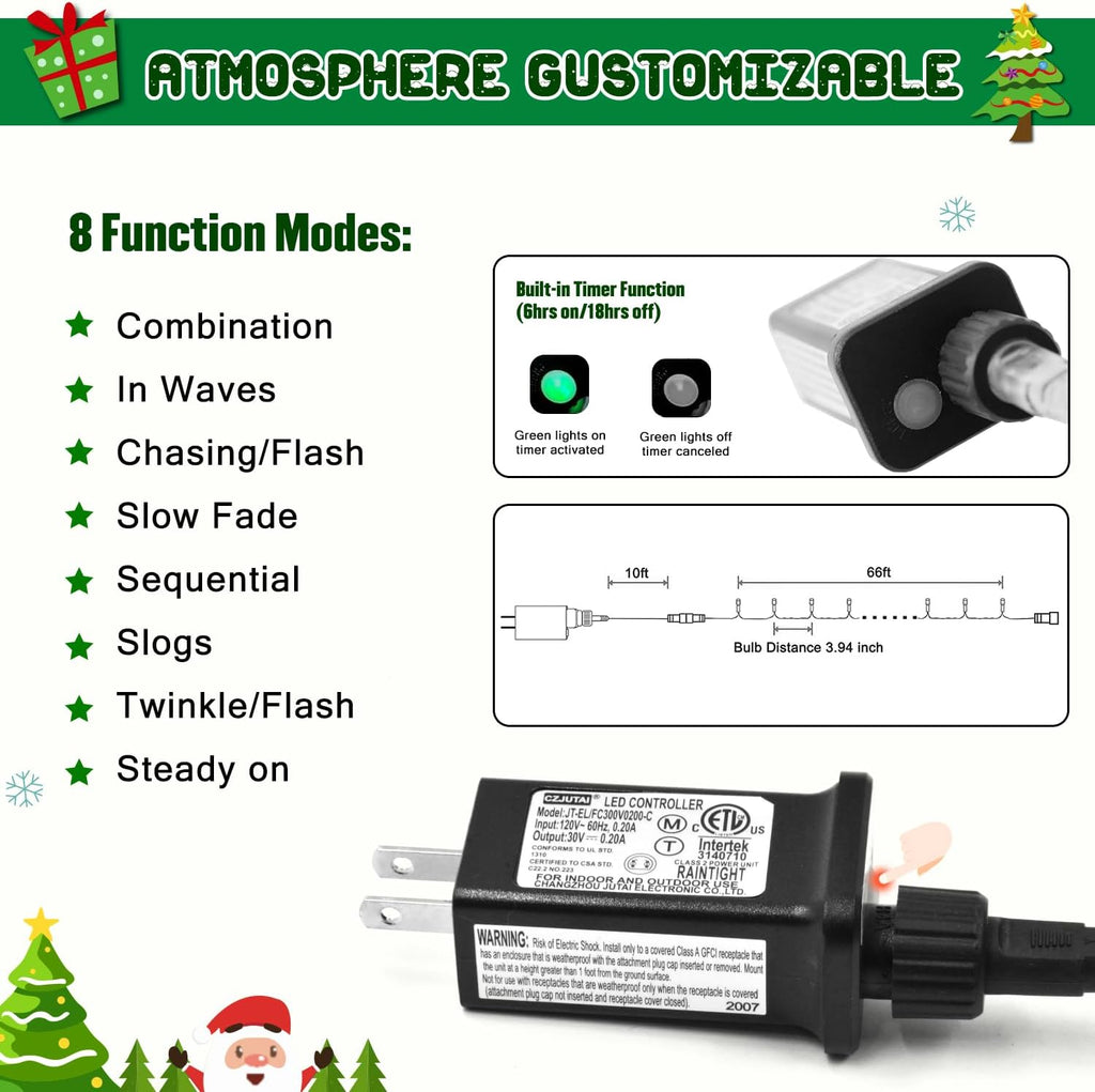 JMEXSUSS 200 LED White Christmas Lights Outdoor, 66ft Connectable Christmas Tree Lights Indoor Green Wire, 8 Modes Waterproof Twinkle String Lights Plug in for Wedding Party Xmas Decorations