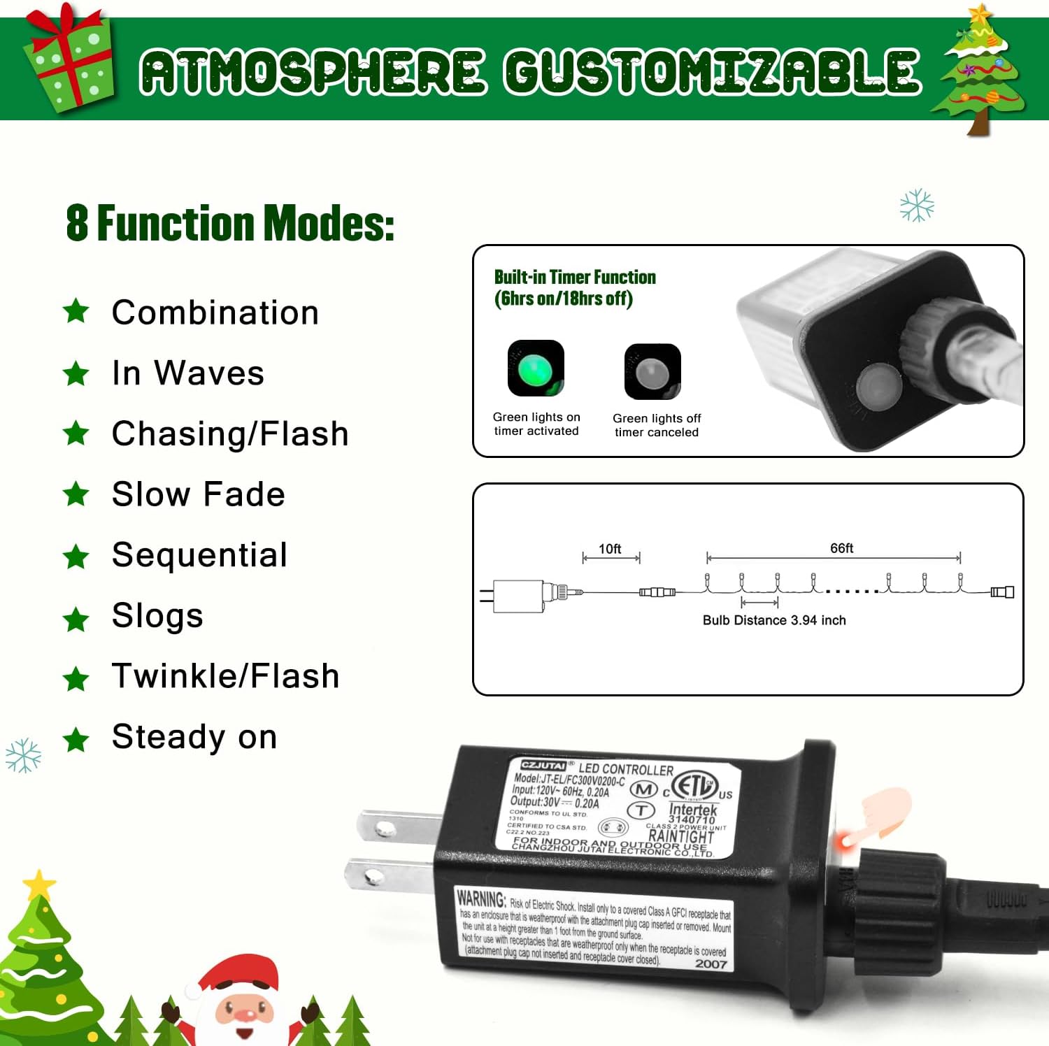 JMEXSUSS 200 LED White Christmas Lights Outdoor, 66ft Connectable Christmas Tree Lights Indoor Green Wire, 8 Modes Waterproof Twinkle String Lights Plug in for Wedding Party Xmas Decorations
