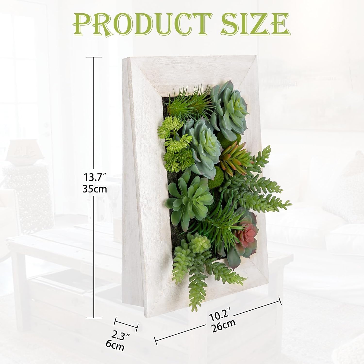 Hanging Wall Artificial Plants Decor Fake Succulent Arrangement with Moss and Rectangle Wooden White Frames Faux Plants Hanging Boho Decor for Farmhouse Living Room Bedroom Home Indoor
