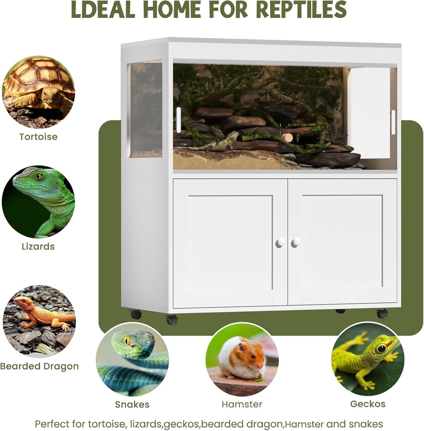60 Gallon Reptile Terrarium with Storage – Mobile Reptile Tank with Wheels, Sliding Door & Mesh Roof – Ideal Enclosure for Geckos, Snakes & Lizards