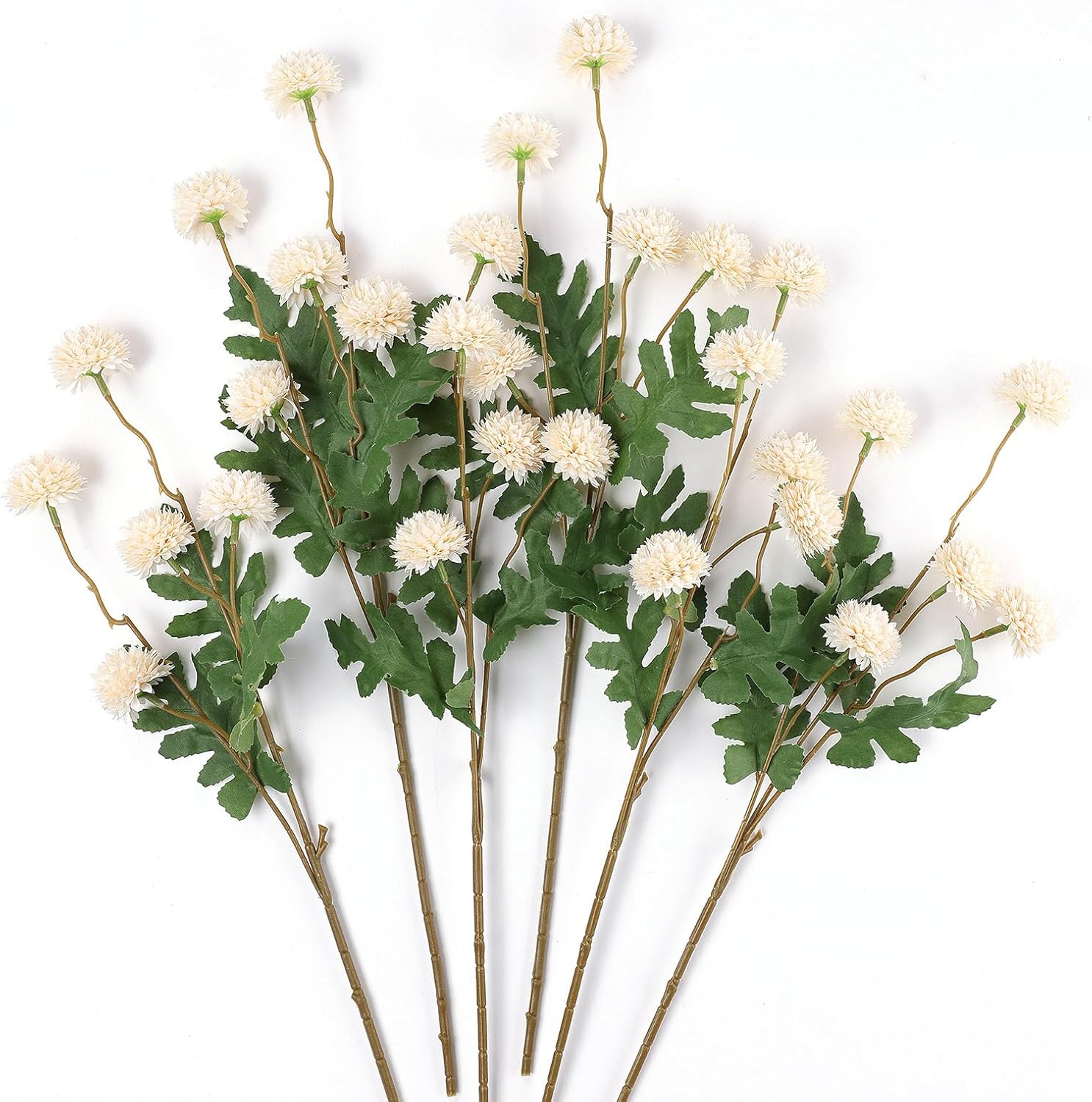 mizii 6Pcs Beige Fake Silk Pompon Mum Artificial Flowers Bulk Small Faux Chrysanthemums with Stems Floral Decorations for Wedding DIY Bouquet Centerpieces Shower Vase Home Decor (Bright Beige)