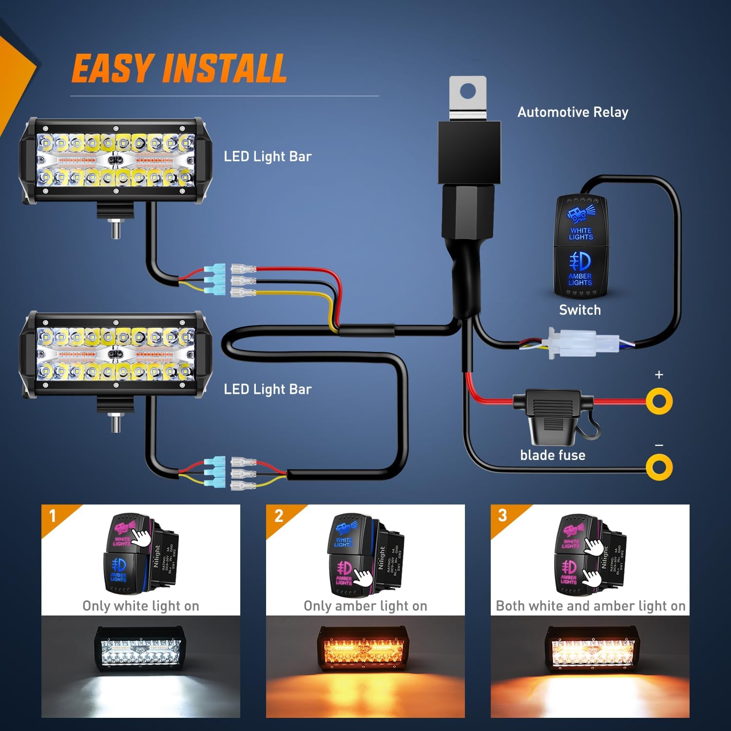 Nilight 6.5Inch Off-Road LED Light Bar, 2PCS 120W 3 Lighting Modes (White/Amber/White&Amber) Driving Fog Light Spot Flood Lights with 18AWG Wiring Harness for Truck Car ATV SUV Jeep Boat