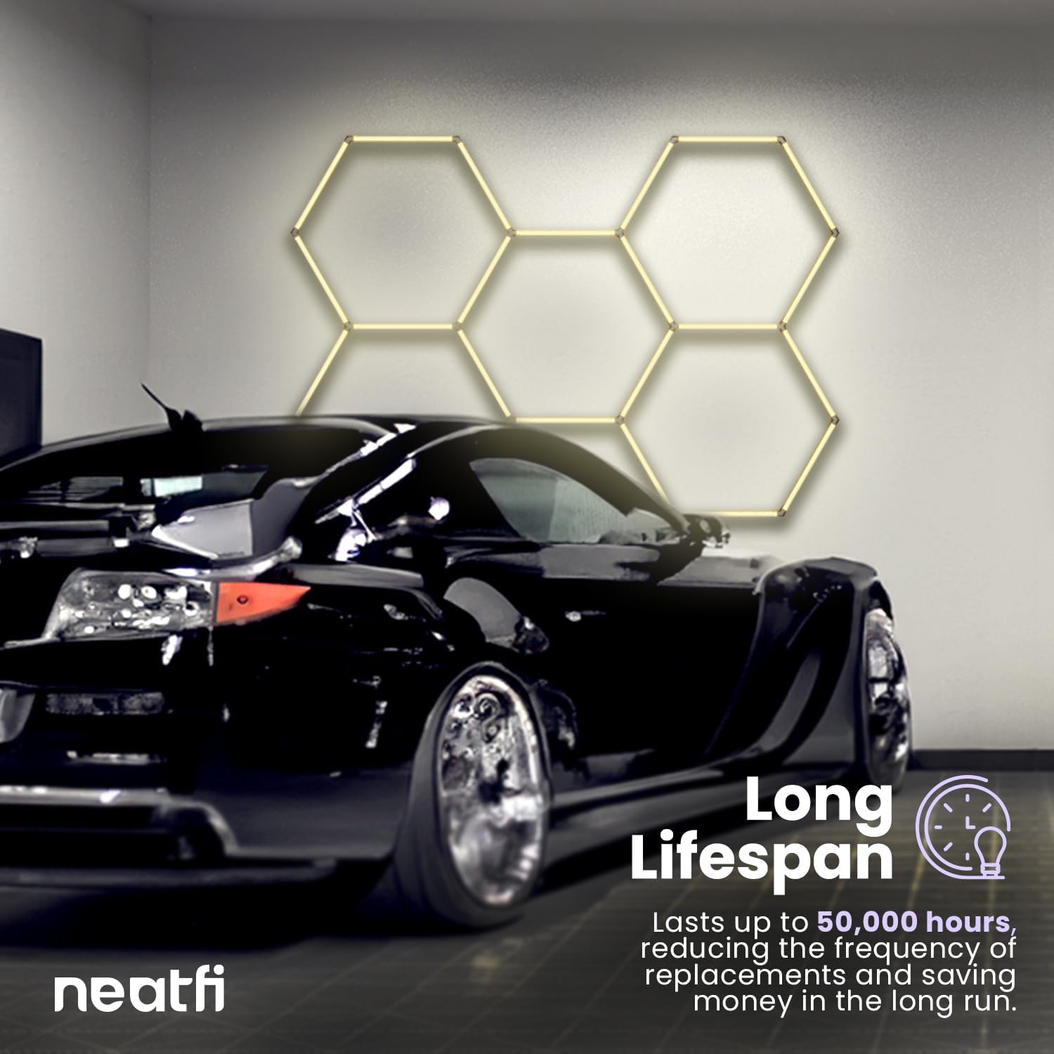 Neatfi LED Hexagon Garage Lights with 14,763 Lumens, 3 Light Modes (6900K/4300K/3000K), 133W Hexagon LED Lights for Car Detailing, Barber Shops, Basements, Beauty Salons & Gyms (5 Hex Grids, CCT)