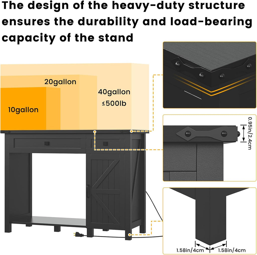 40 Gallon Aquarium Stand With Charging Station, Farmhouse Fish Tank Stand, 30-40 Gallon Reptile Tank Stand Terrarium Stand with Drawer and Cabinet Storage, Sturdy Heavy Duty 41.9"×18.3" Tabletop - Black